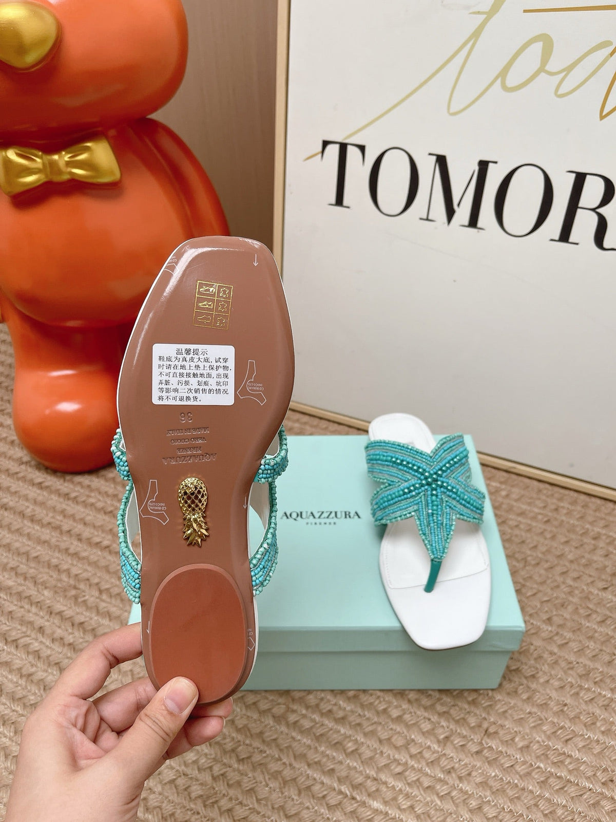 Aquazzura 26s Starfish Beaded Thong Sandals White & Turquoise Lambskin 174952