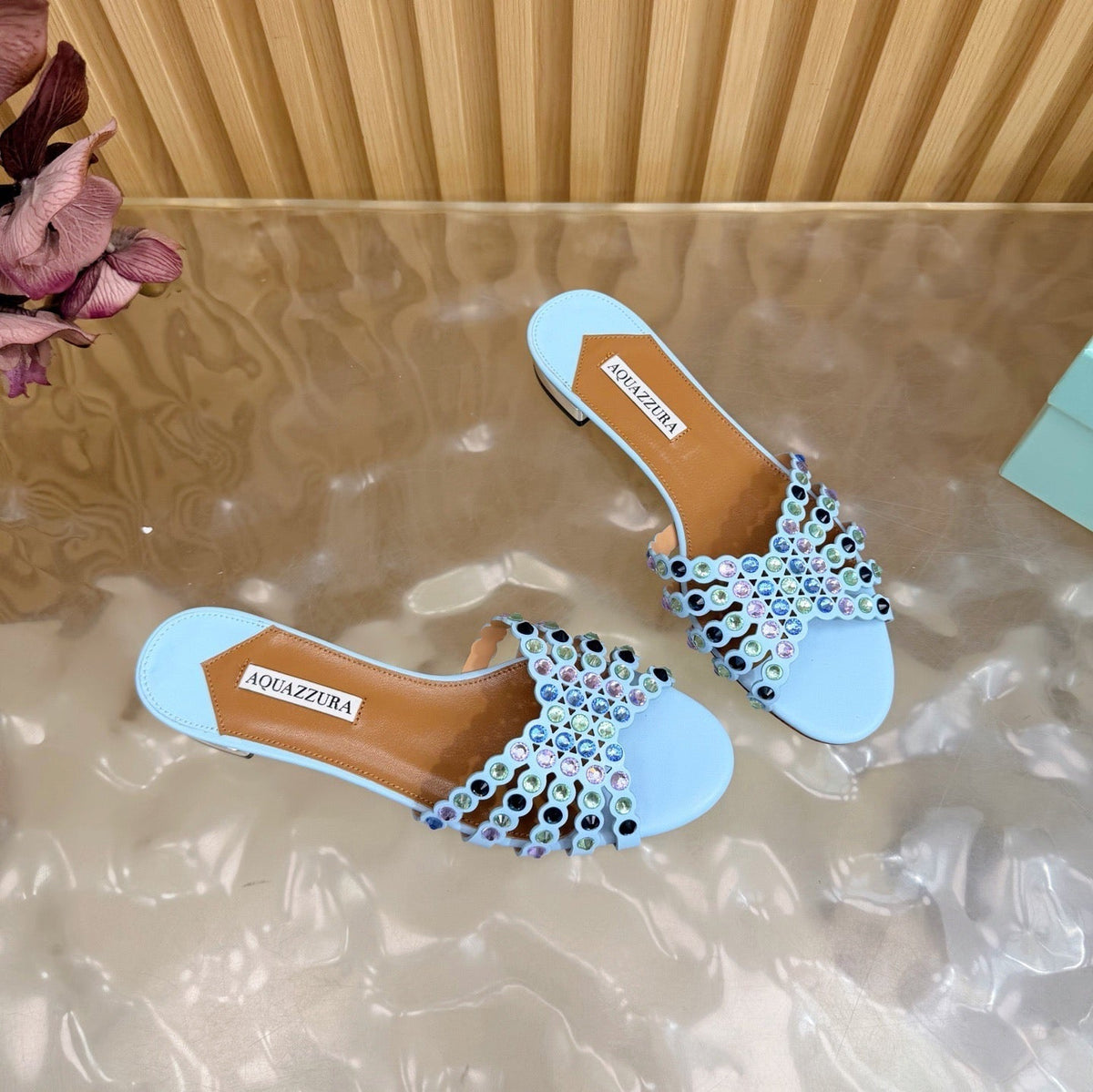 Aquazzura 26s Slides Sky Blue Calfskin Crystal-Embellished Straps 714953