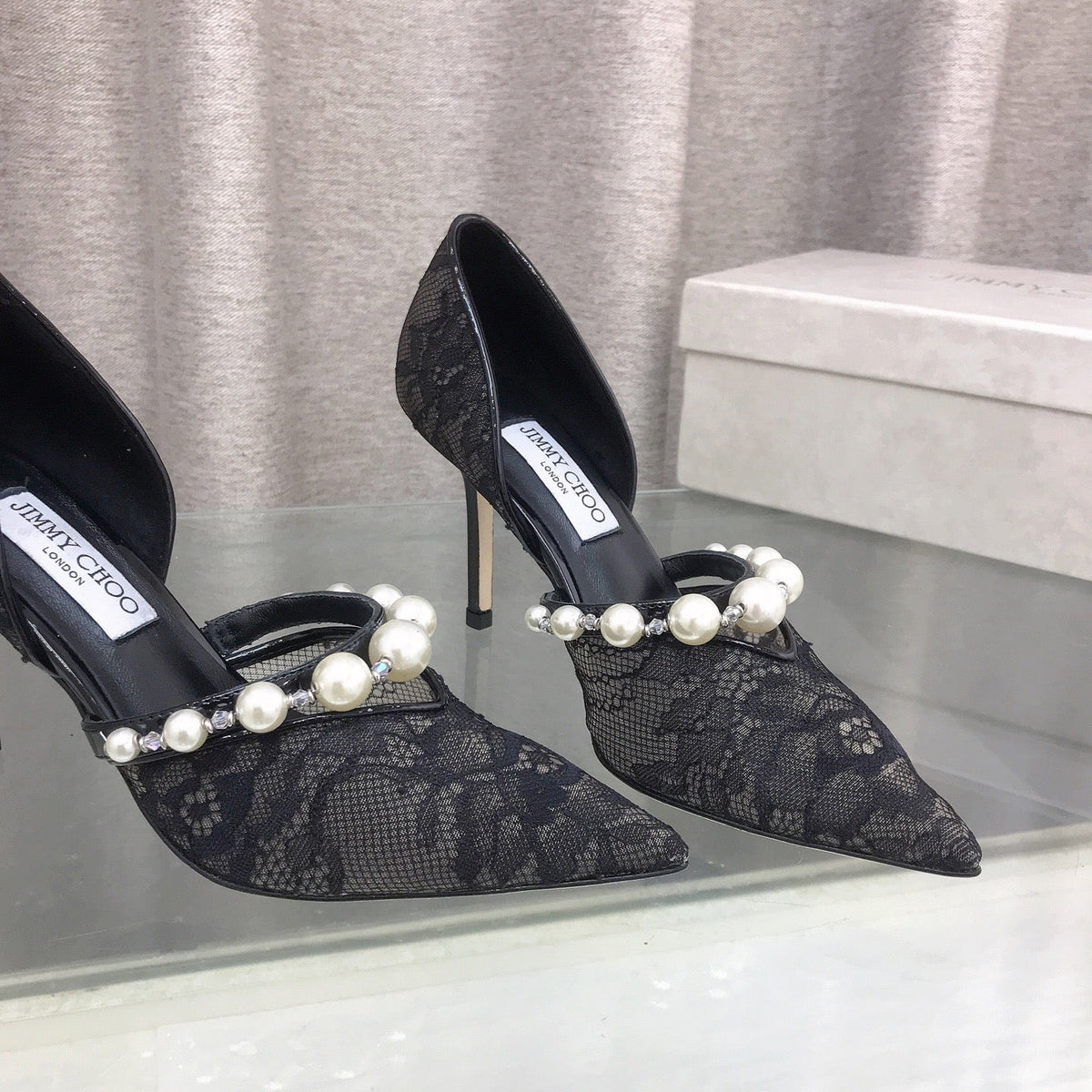 Jimmy Choo 26S High Heels 8.5cm Black Lace Pearl-Embellished 824195