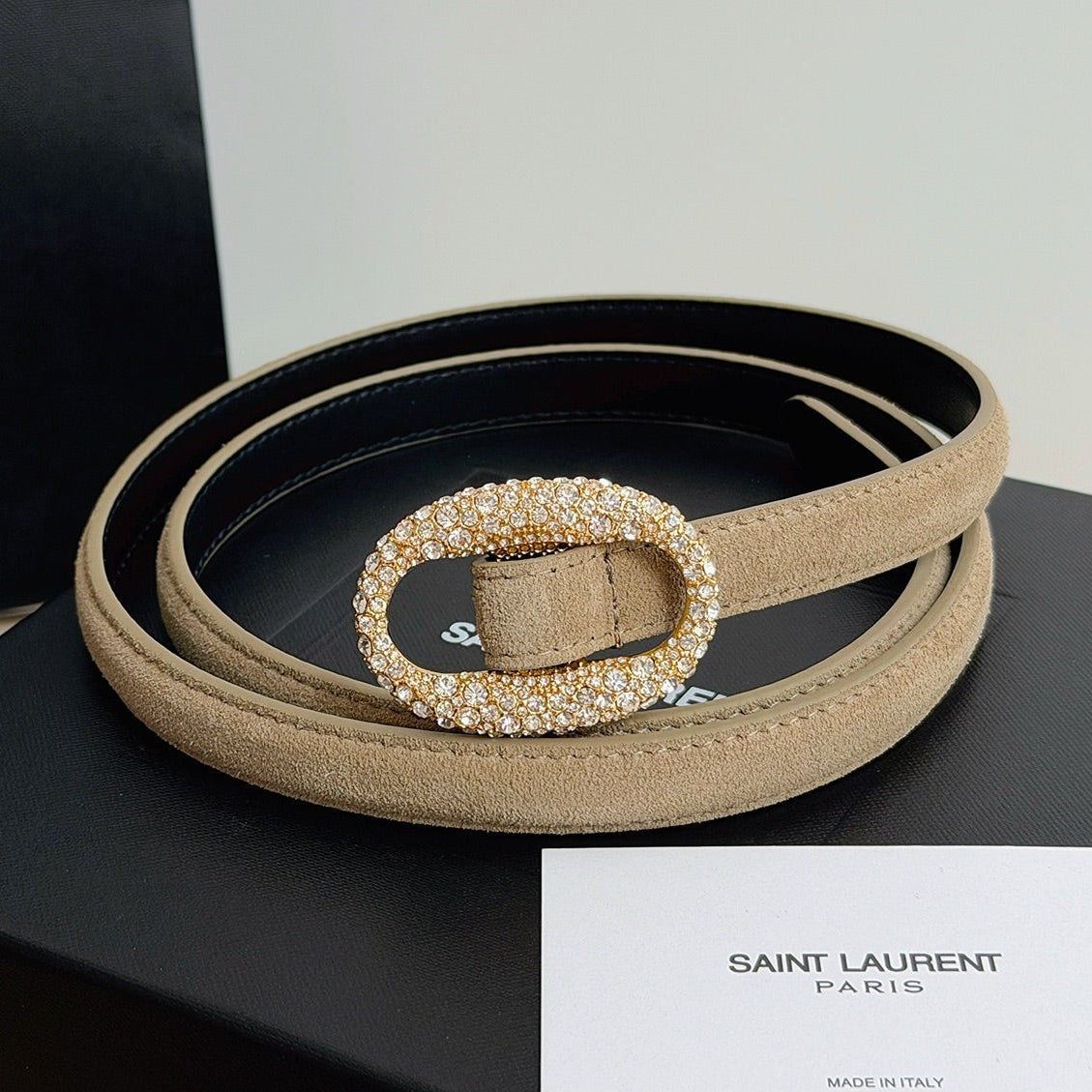 Saint Laurent 2026 Oval Belt 15mm Beige Suede 219123