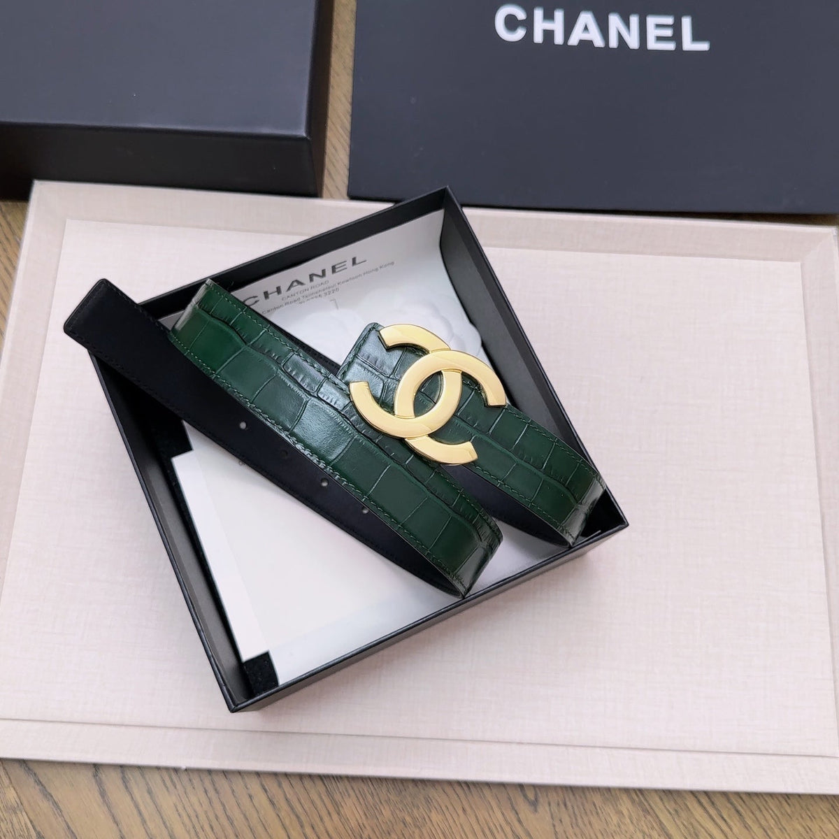Chanel 2026 Crocodile Embossed Belt 30mm Leather 218762