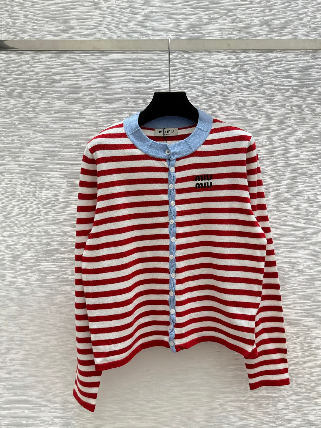 Miu 26FW Striped Knit Cardigan Light Blue Collar and Button Trim Wool 313374