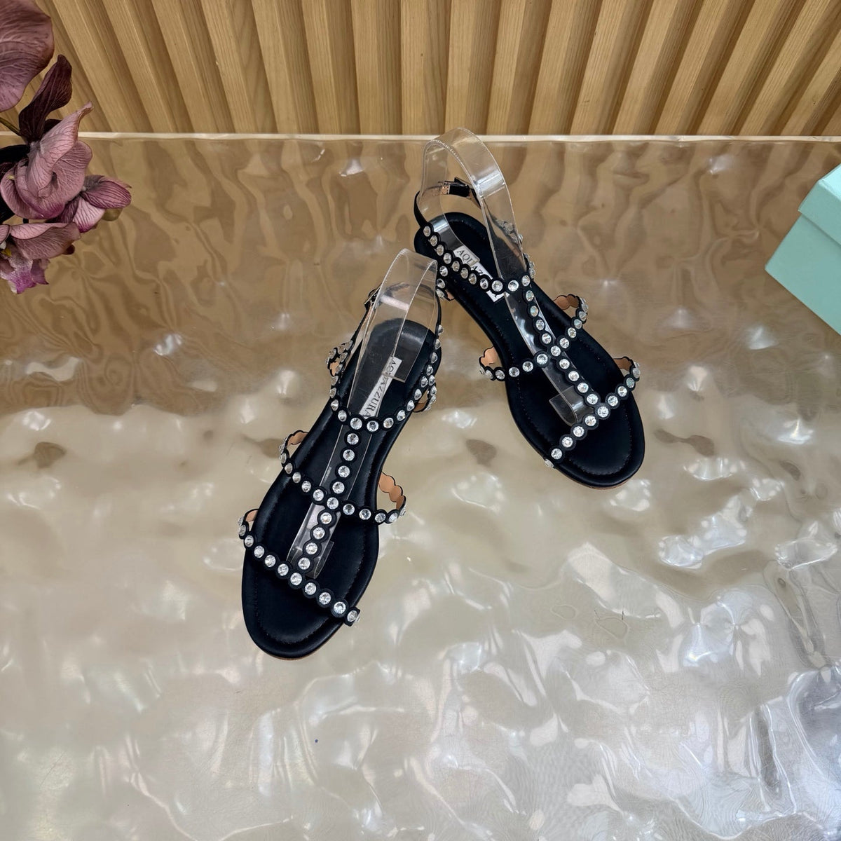 Aquazzura 26s Flat Sandals Black Calfskin Crystal Embellished 839514