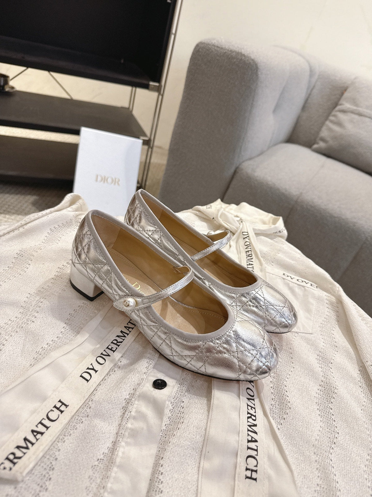 Dior 26s Mary Jane Pumps Silver Lambskin Pearl-Adorned Strap