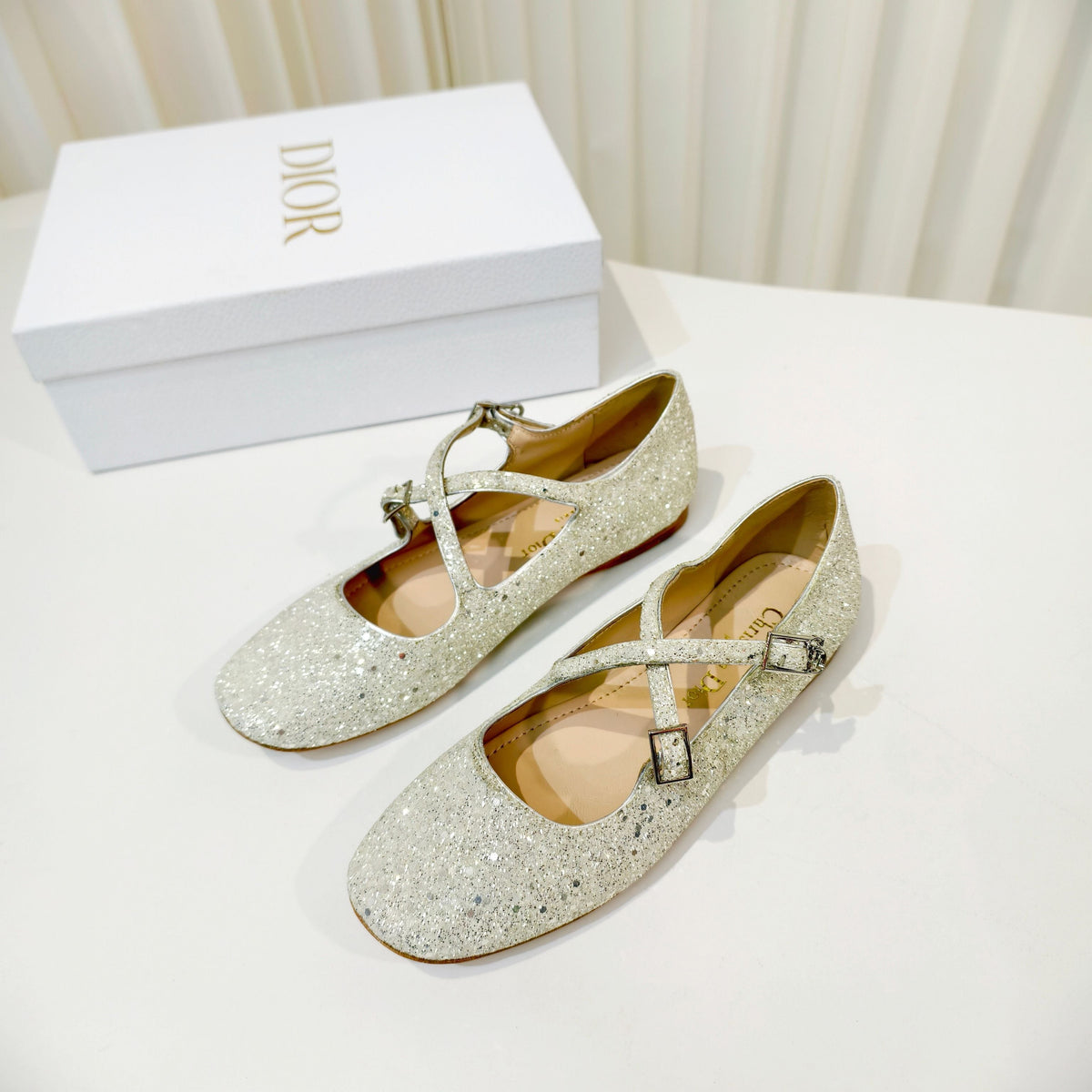 Dior 26s Mary Jane Flats Silver Sequin Embroidered Fabric