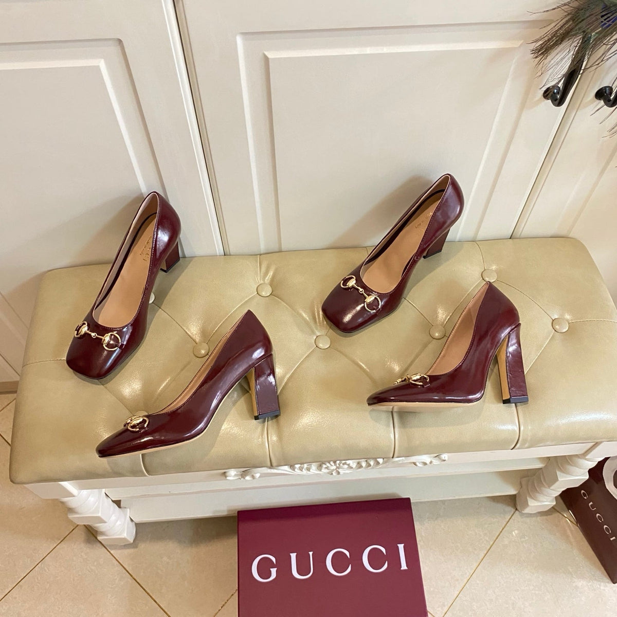Gucci 26s Horsebit Mid-Heel Pumps 10cm Dark Red Calfskin