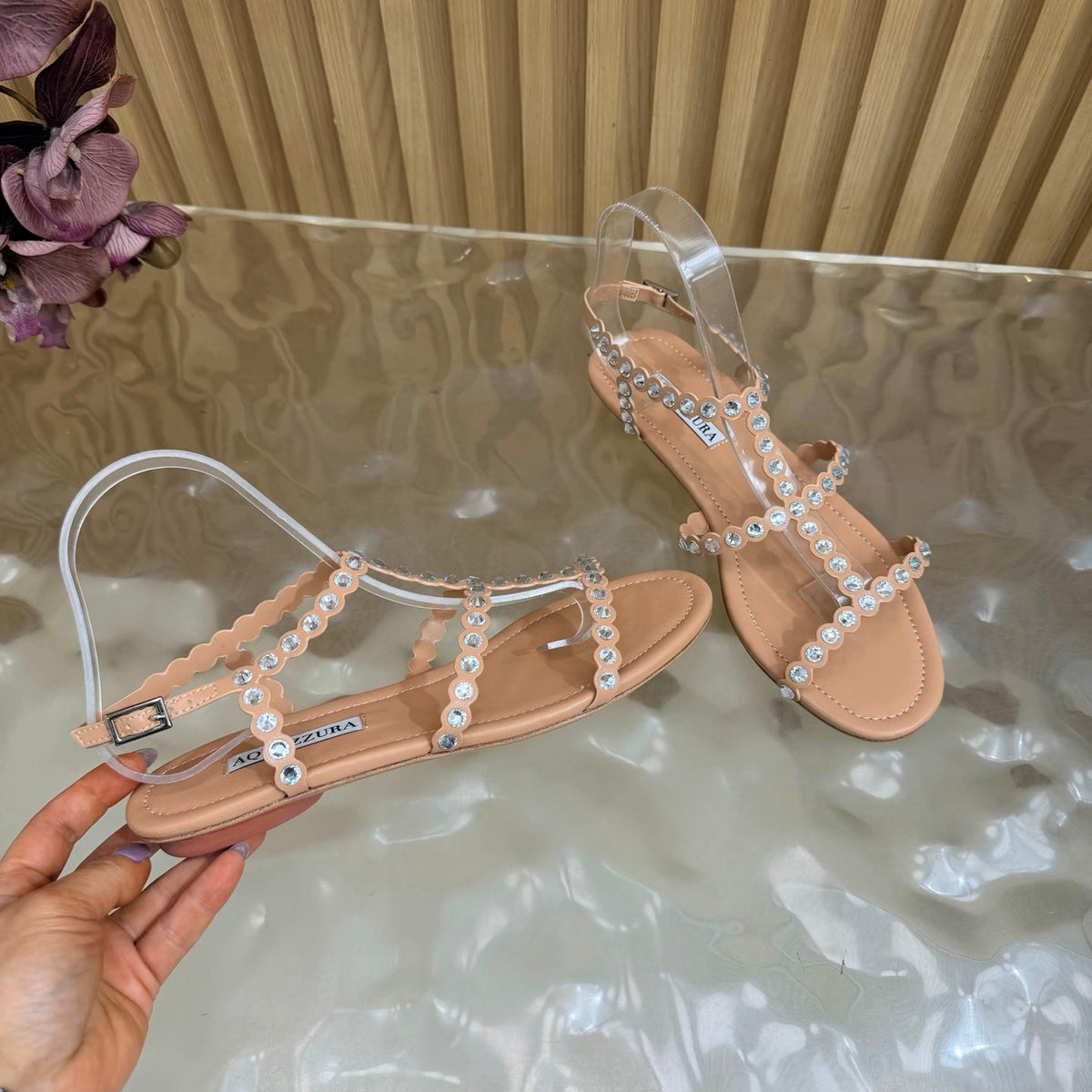 Aquazzura 26s Flat Sandals Nude Calfskin Crystal Embellished 582419