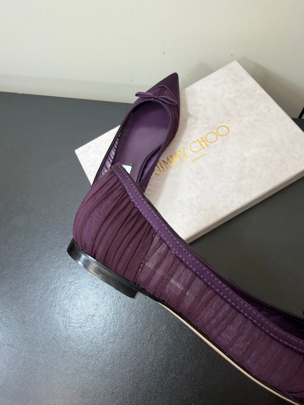 Jimmy Choo 26S Pointed-Toe Flats Dark Purple Satin 849312
