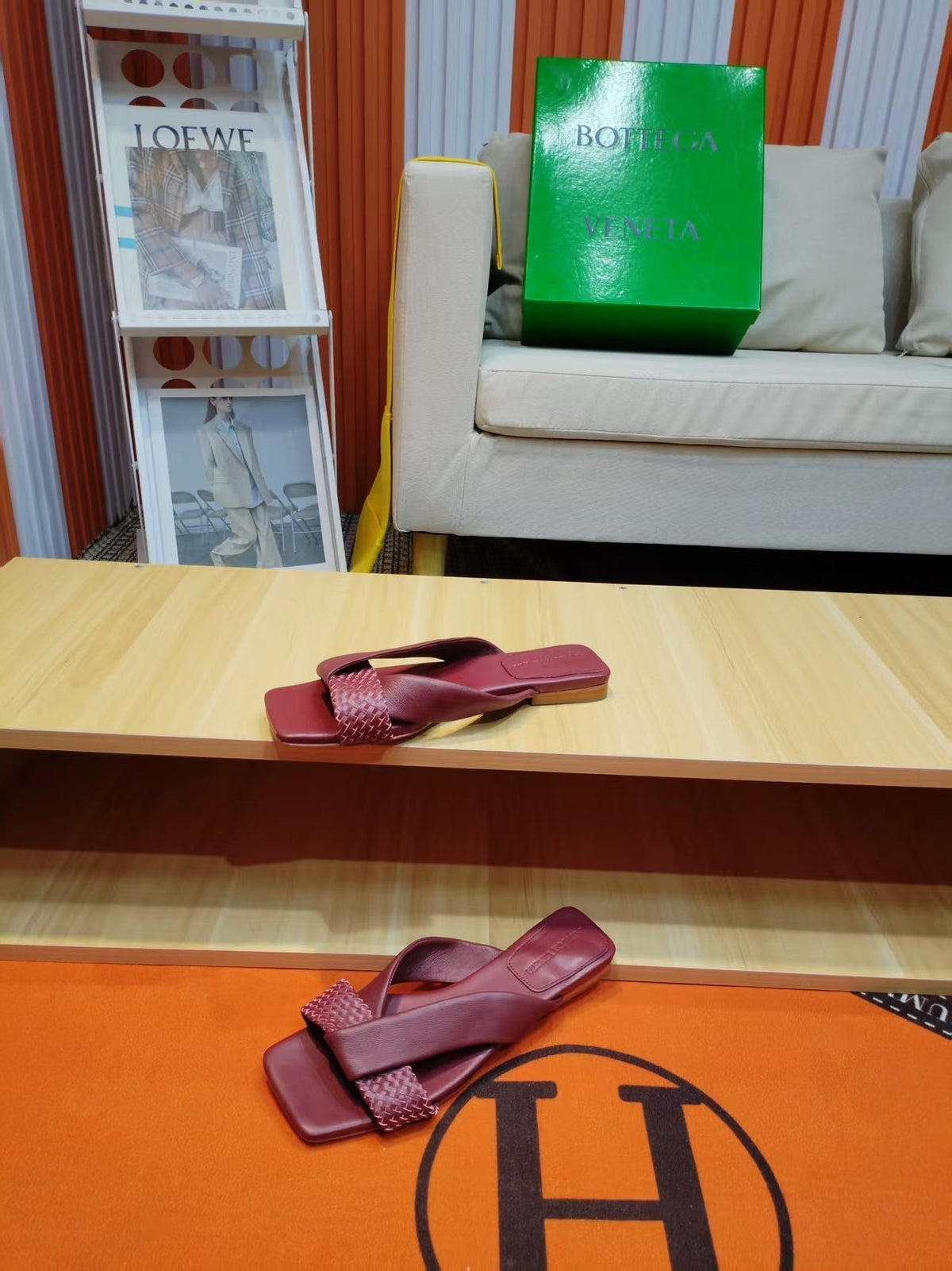 BV Riva Sandals Flat Woven Burgundy Leather 139884