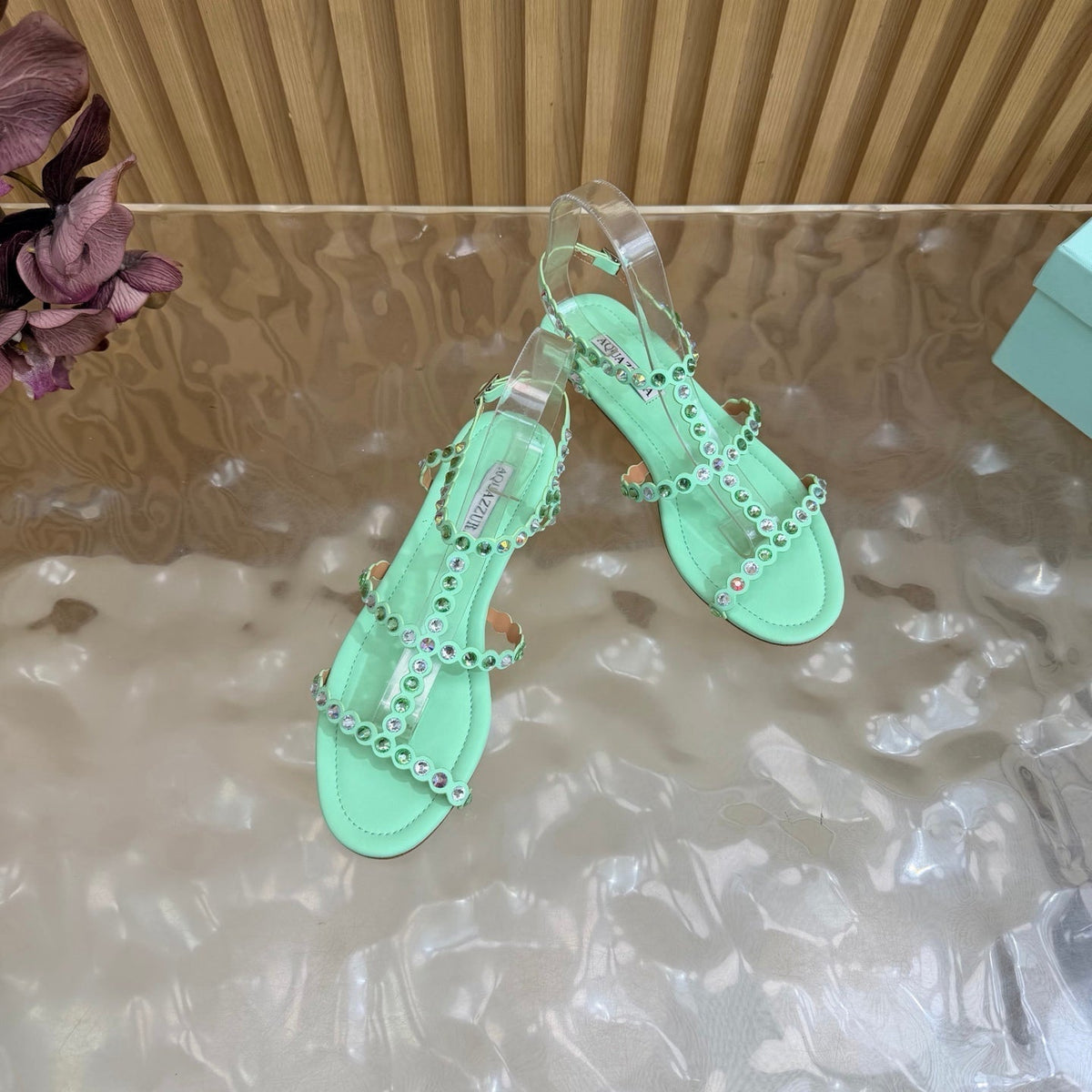 Aquazzura 26s Flat Sandals Mint Green Calfskin Crystal Embellished 694215
