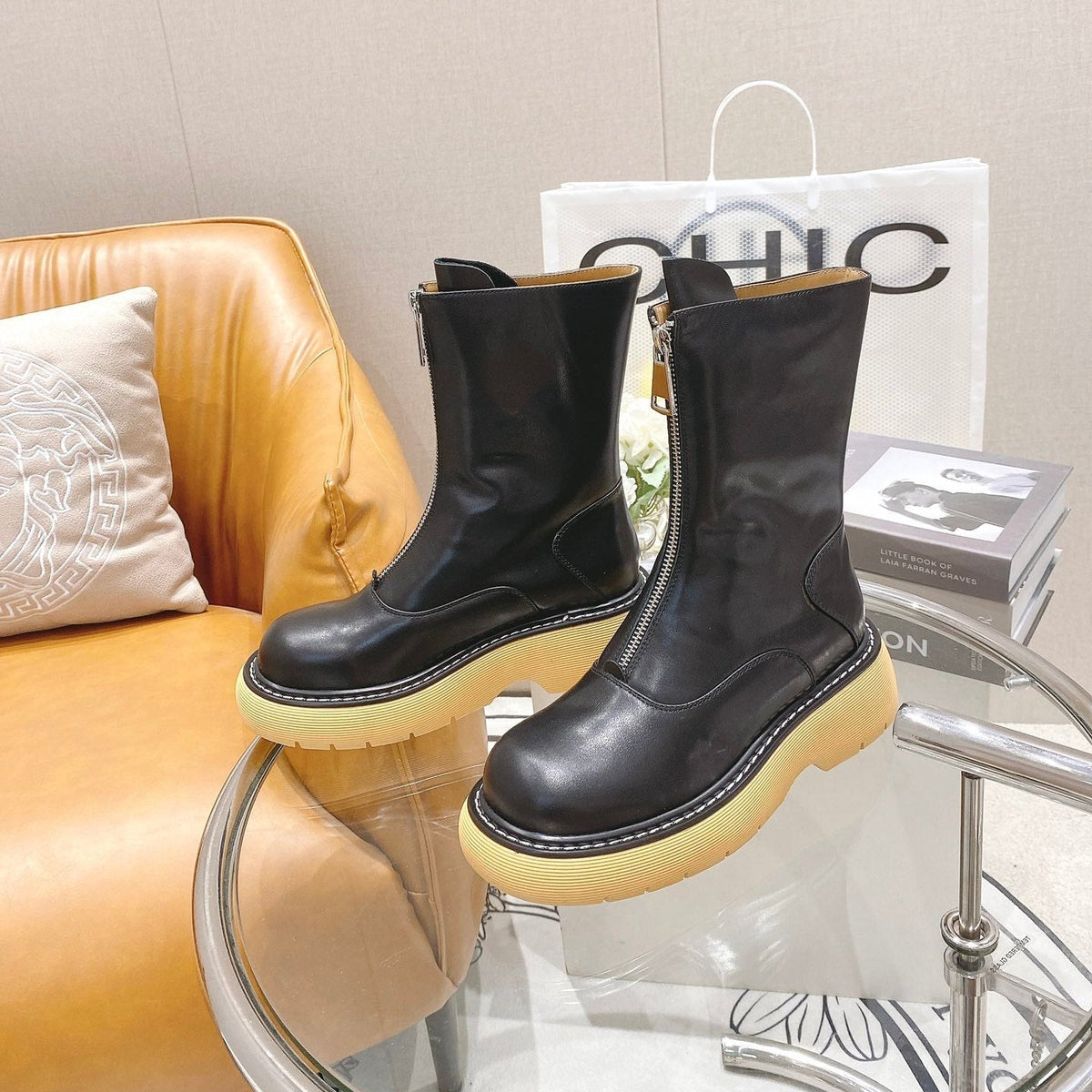 BV 26FW Chunky Platform Ankle Boots 5cm Front Zip Leather 164459