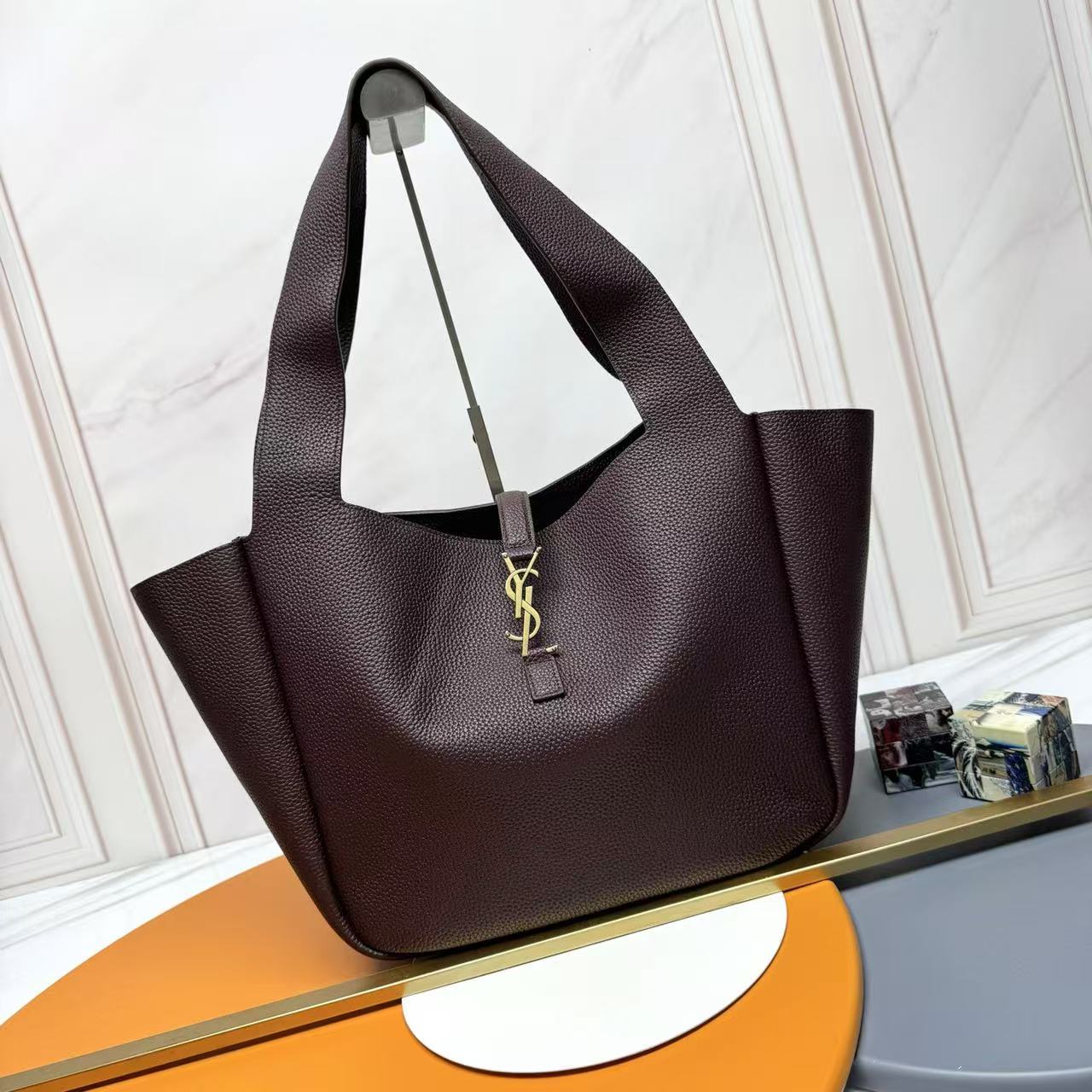 YSL Le 5 À 7 Bea Hobo Bag Dark Brown Grained Leather