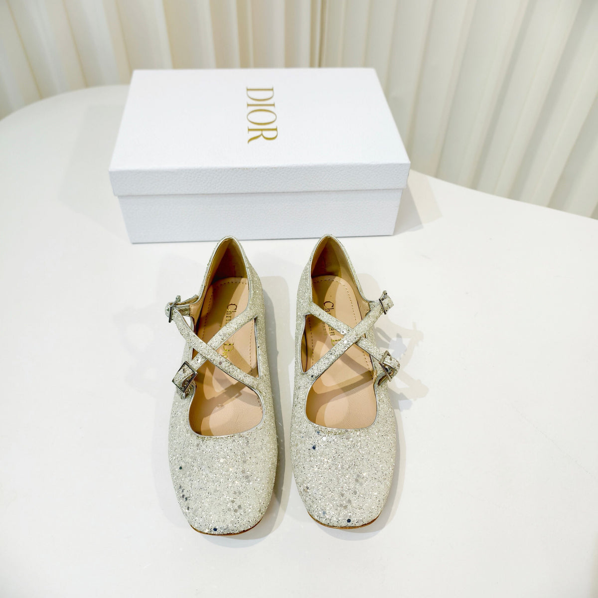Dior 26s Mary Jane Flats Silver Sequin Embroidered Fabric