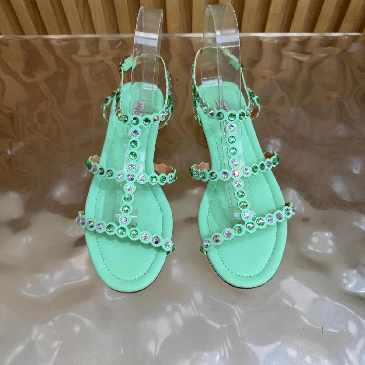 Aquazzura 26s Flat Sandals Mint Green Calfskin Crystal Embellished 694215