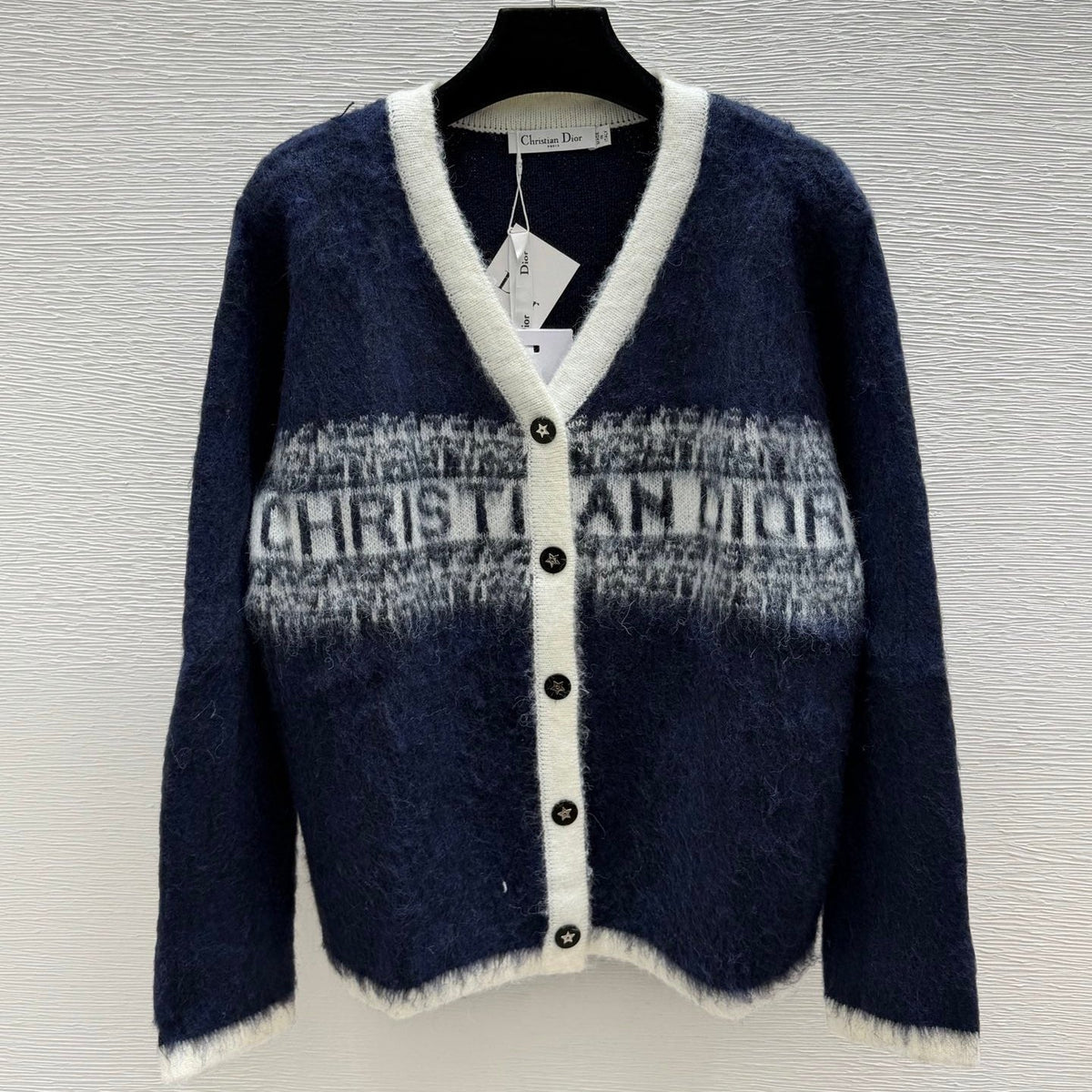 CD 26FW V-Neck Signature Band Knit Cardigan Navy Cream Wool 313306