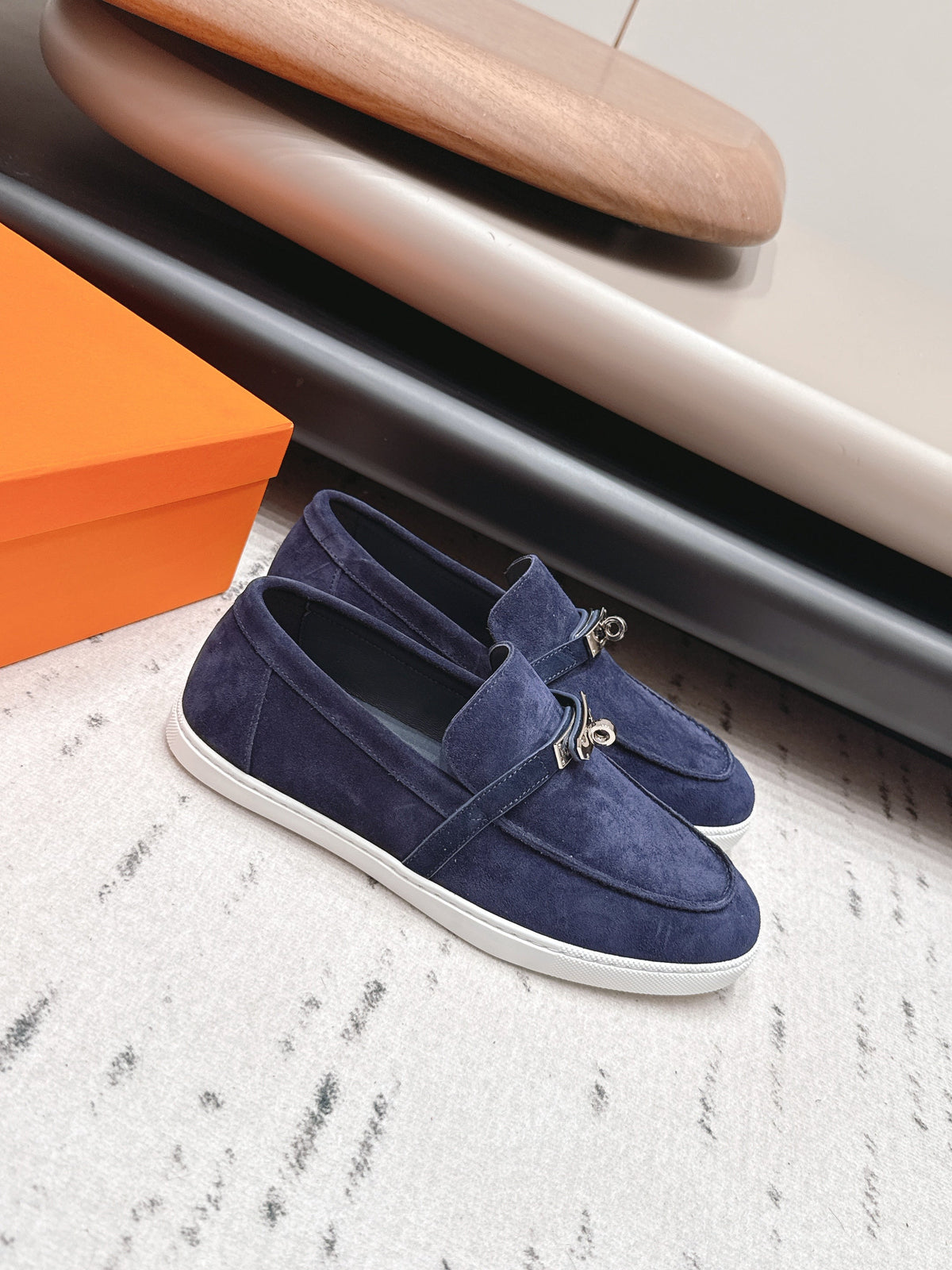 HM 26S Kelly Paris Loafers Navy Blue Suede Silver Hardware