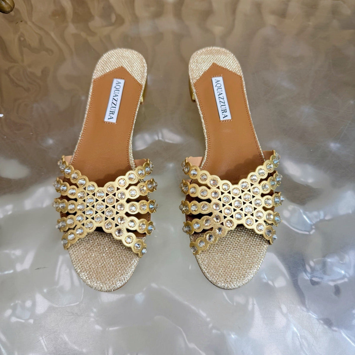 Aquazzura 26s Slides Beige Lurex Fabric 491028