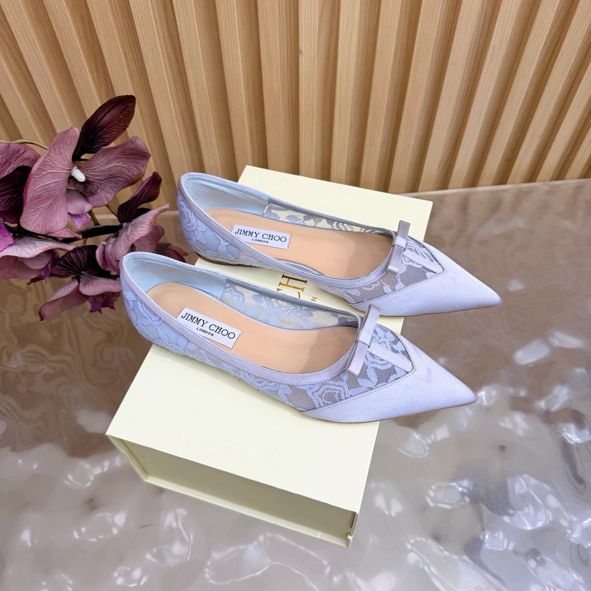 Jimmy Choo 26S Flats Pastel Blue Lace And Satin 418295