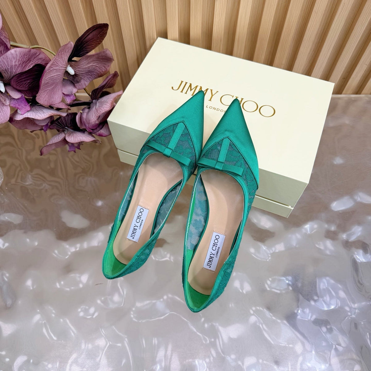 Jimmy Choo 26S Flats Green Lace And Satin 571492