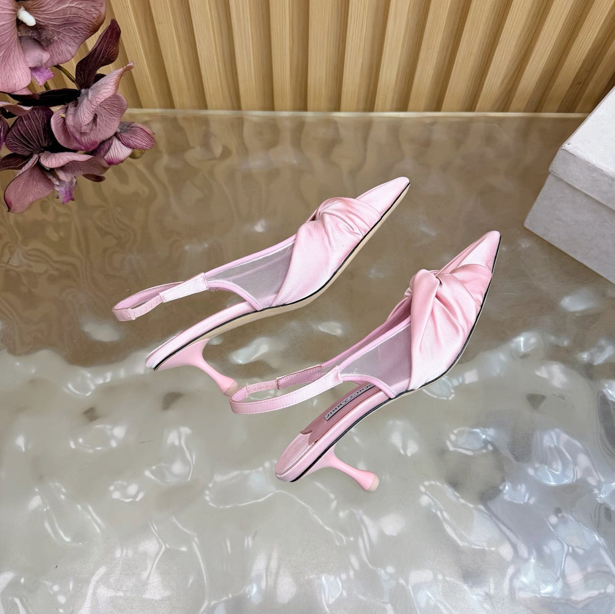 Jimmy Choo 26S Slingback Heels 6.0cm Light Pink Satin With Knot Detail 521946