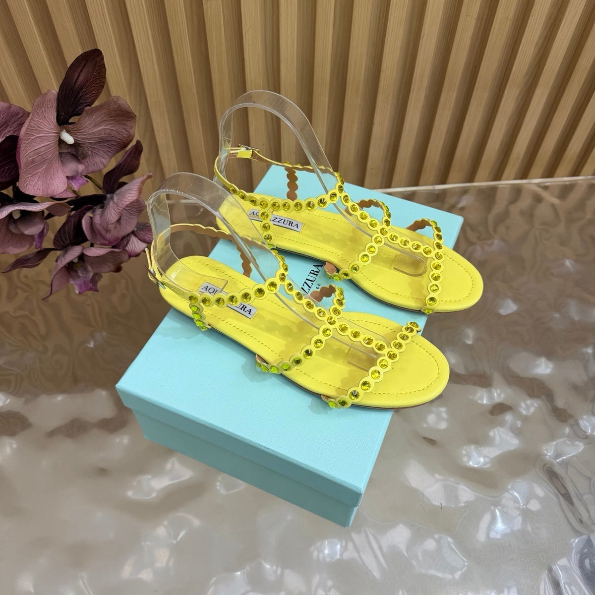 Aquazzura 26s Flat Sandals Yellow Calfskin Crystal Embellished 739158