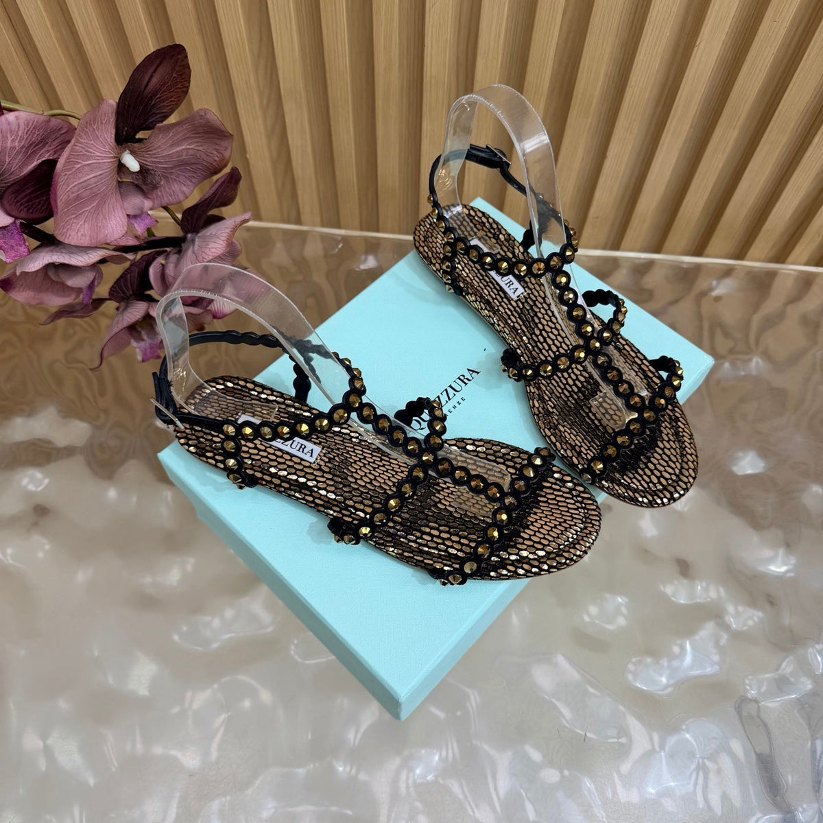 Aquazzura 26s Flat Sandals Bronze Metallic Snakeskin Crystal Embellished 739415
