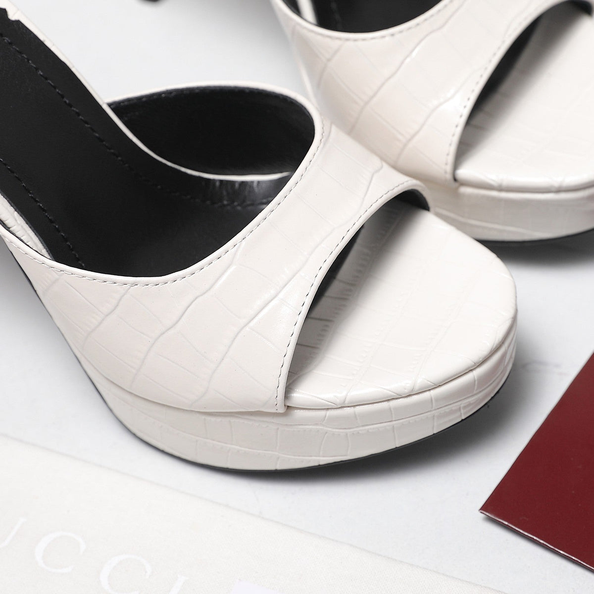 Gucci 26s Heeled Slide Sandals 12cm White Crocodile Embossed Patent Calfskin