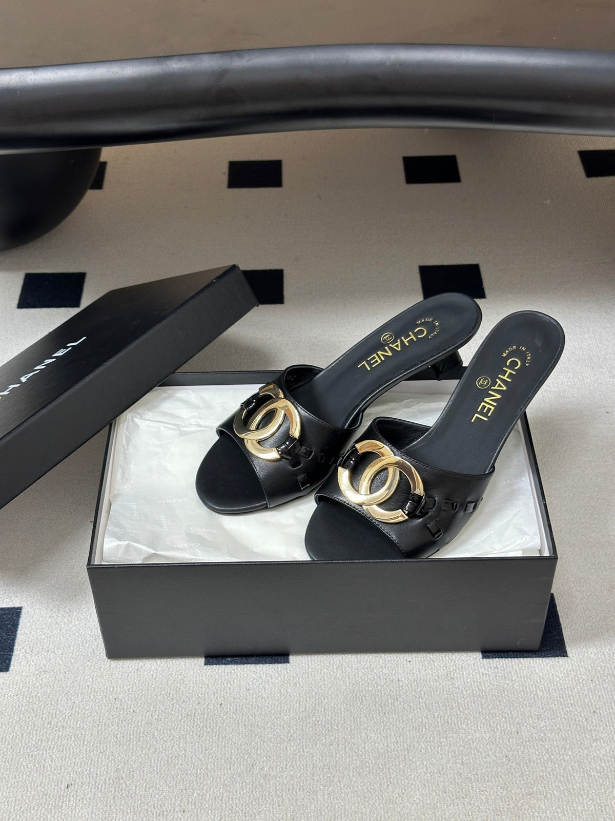 CC 26S High Heel Mule in Black Lambskin with Gold-Tone CC Logo