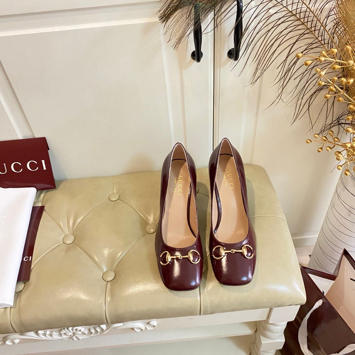 Gucci 26s Horsebit Mid-Heel Pumps 7.5cm Dark Red Calfskin