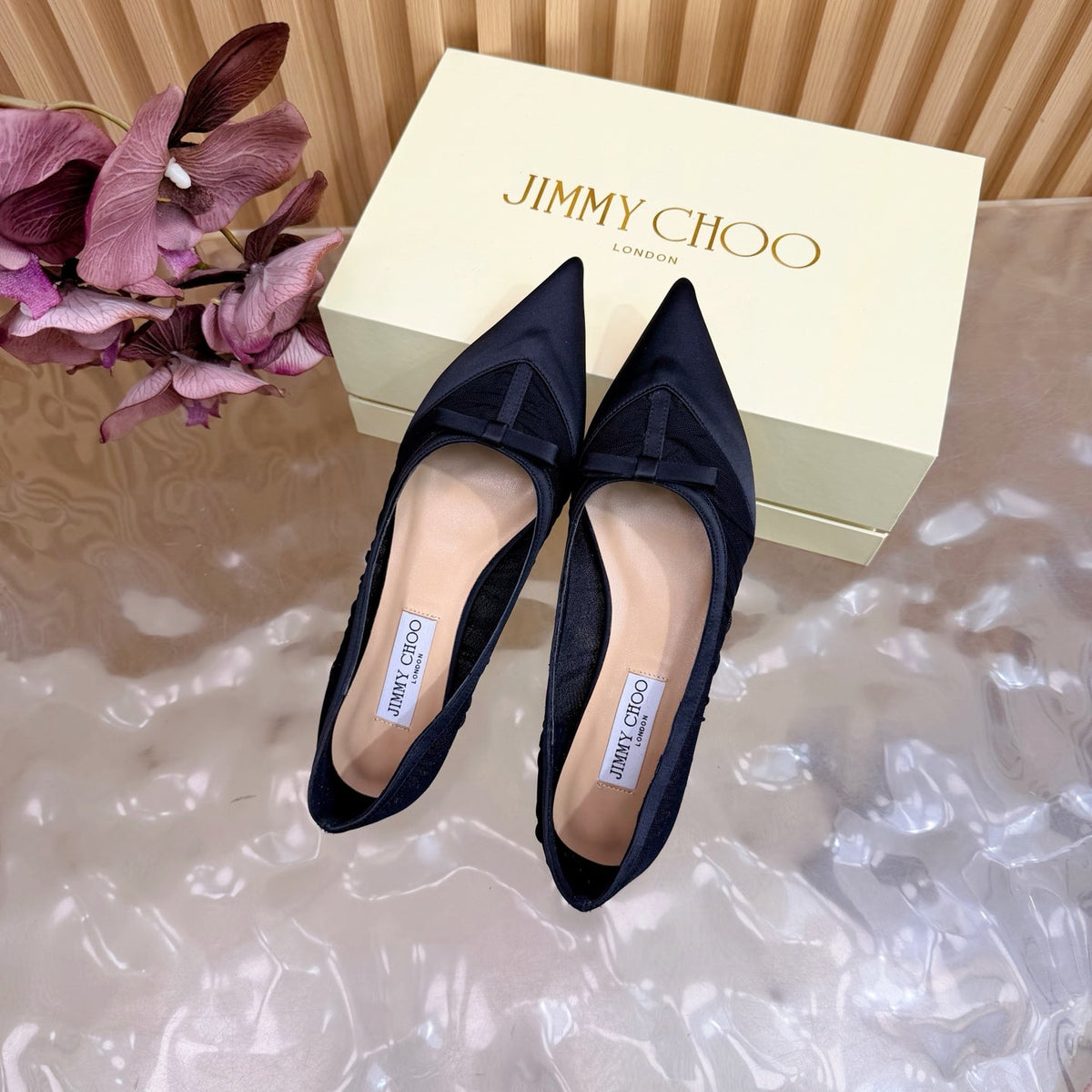 Jimmy Choo 26S Flats Black Mesh And Satin 518394