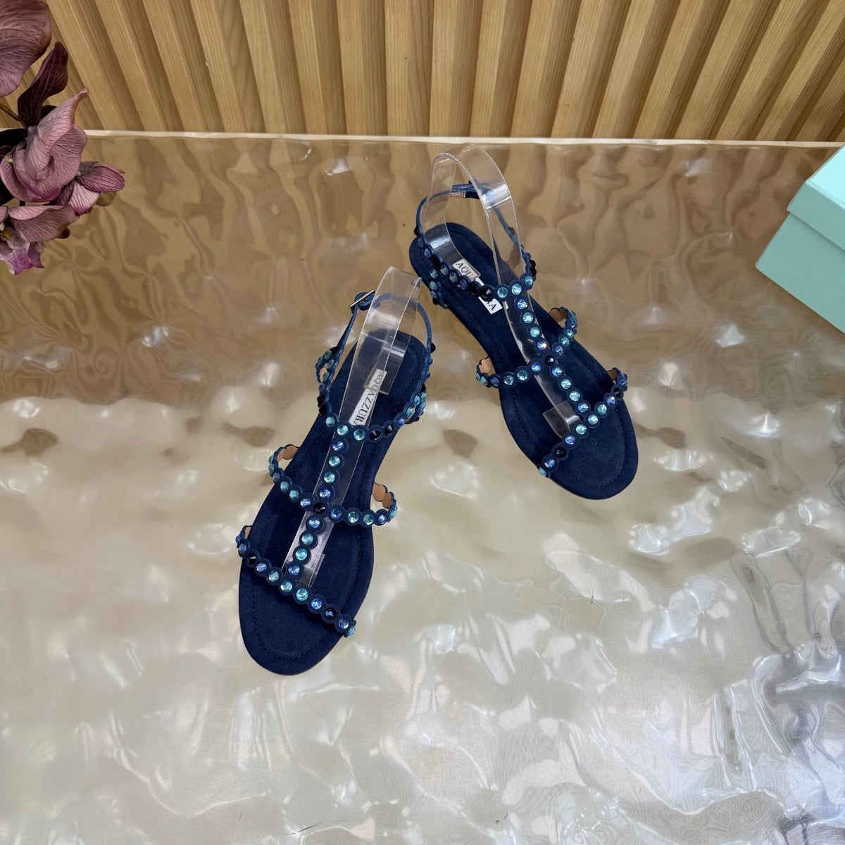 Aquazzura 26s Flat Sandals Navy Blue Suede Crystal Embellished 571932