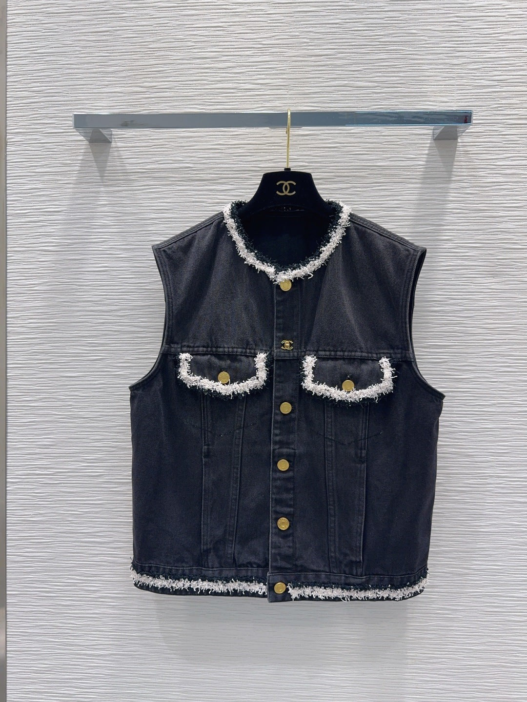 CC 26S Denim Vest Frayed Contrast Trim Gold Buttons Cotton 436527