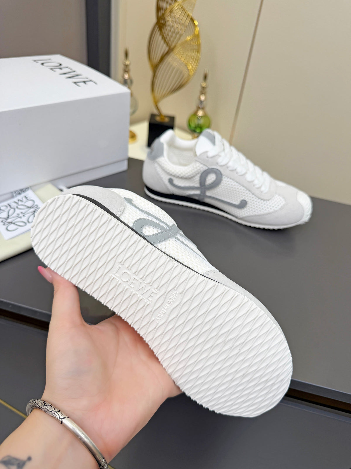 Loewe 26S Runner 2.0 Sneakers in Light Grey Suede and White Mesh Fabric