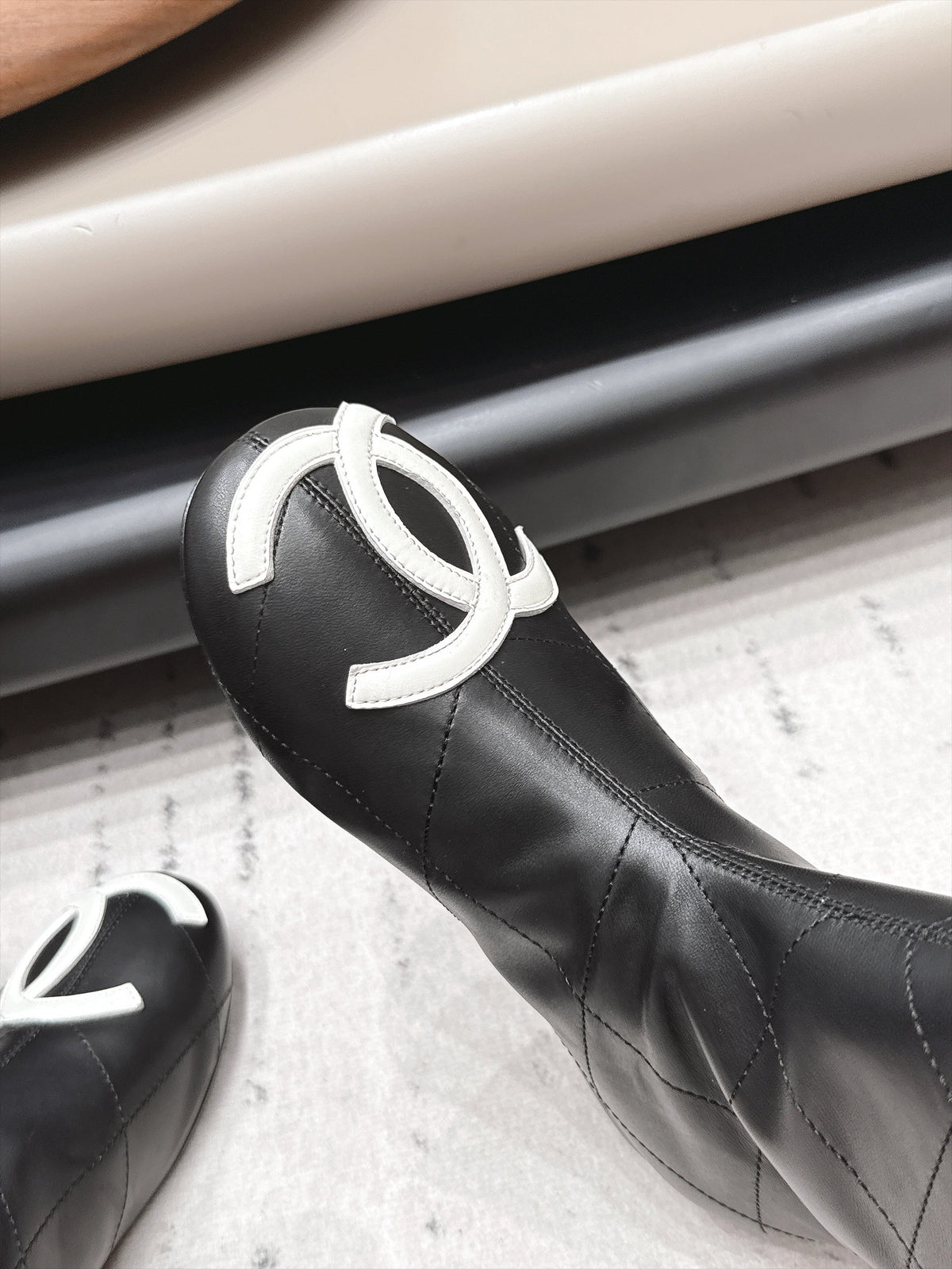 Chanel 26s Knee High Boots Black Quilted Calfskin Patent Cuff