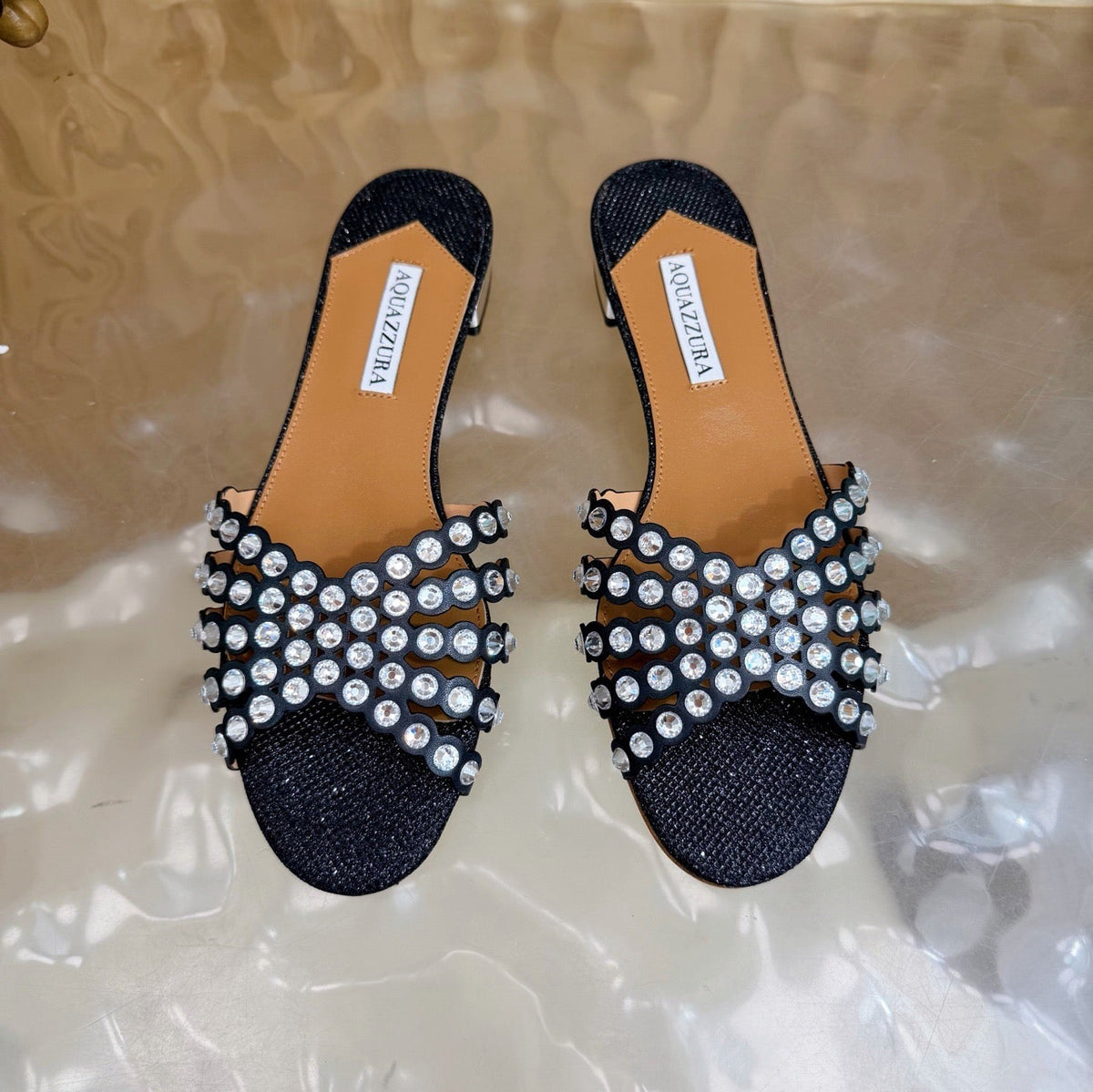 Aquazzura 26s Slides Black Lurex Fabric 830154