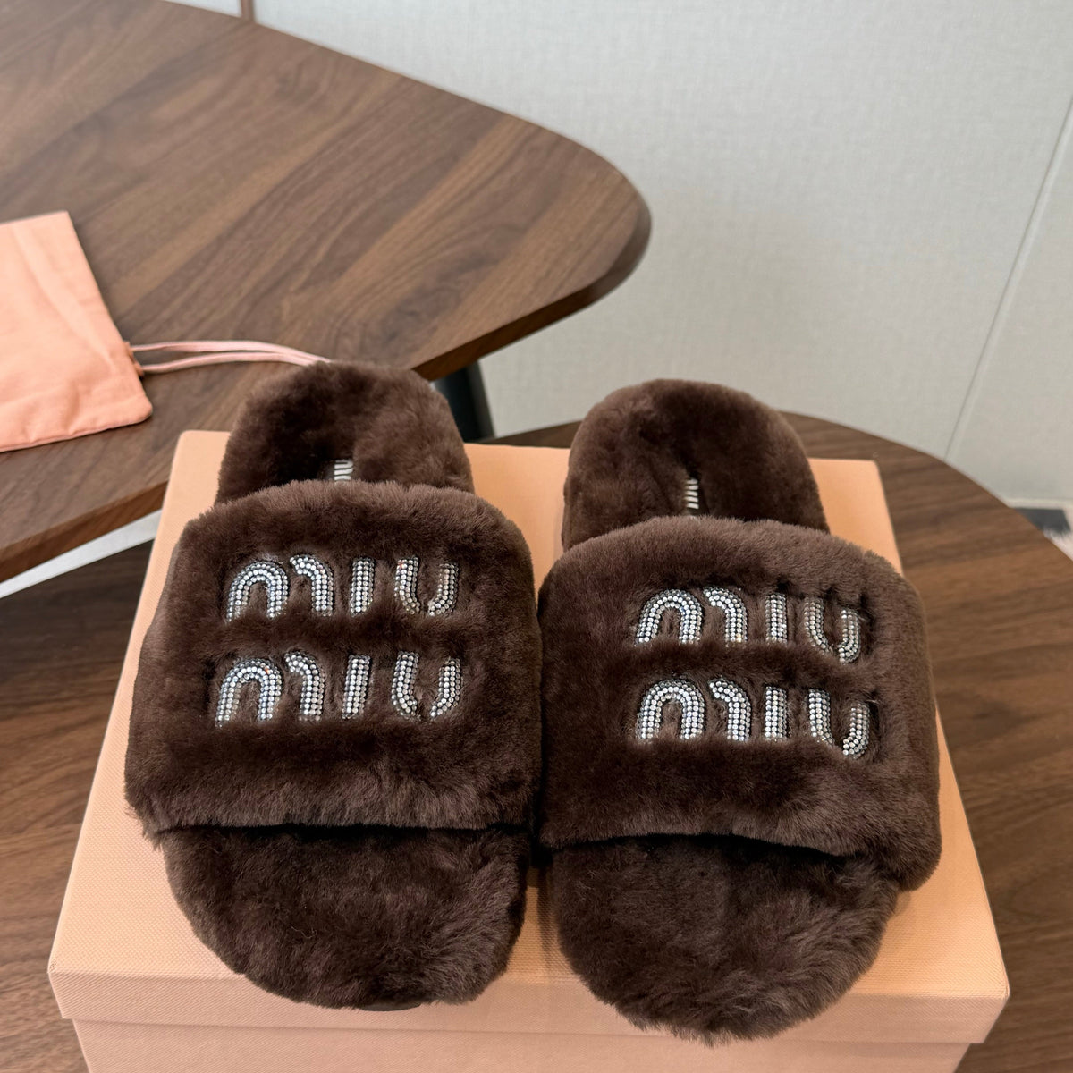 Miumiu 26s Crystal Logo Slides Dark Brown Shearling