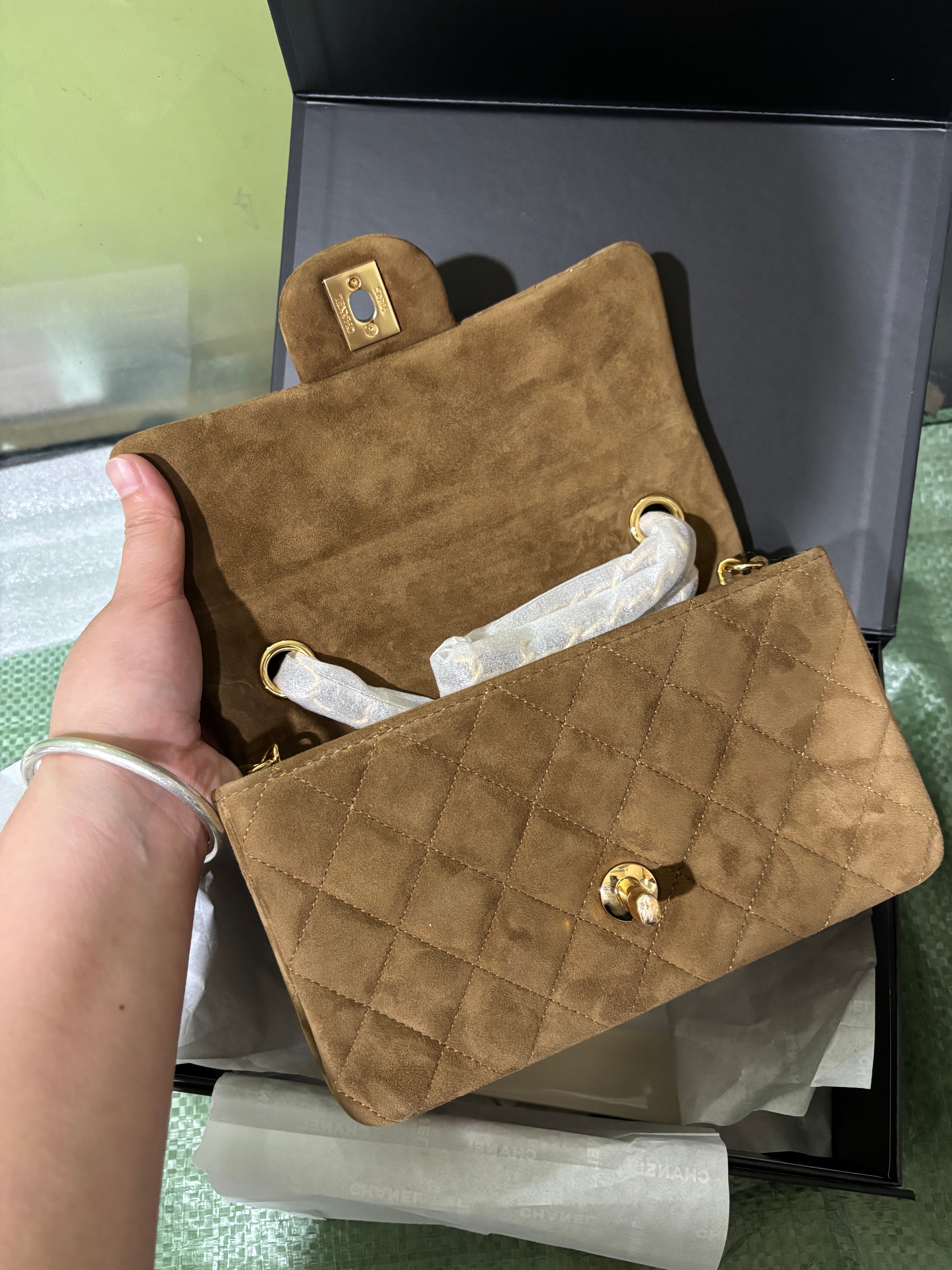 Classic Flap Bag 20cm Brown Suede Gold Hardware