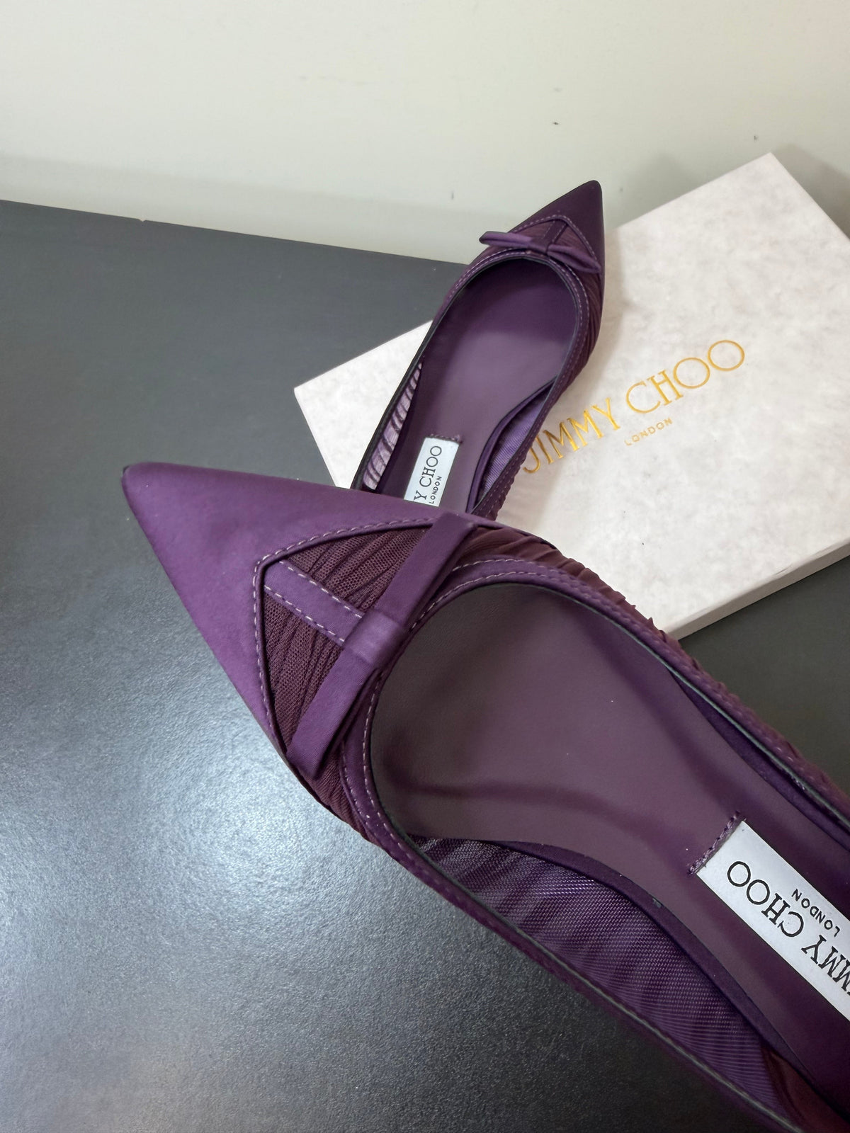 Jimmy Choo 26S Pointed-Toe Flats Dark Purple Satin 849312