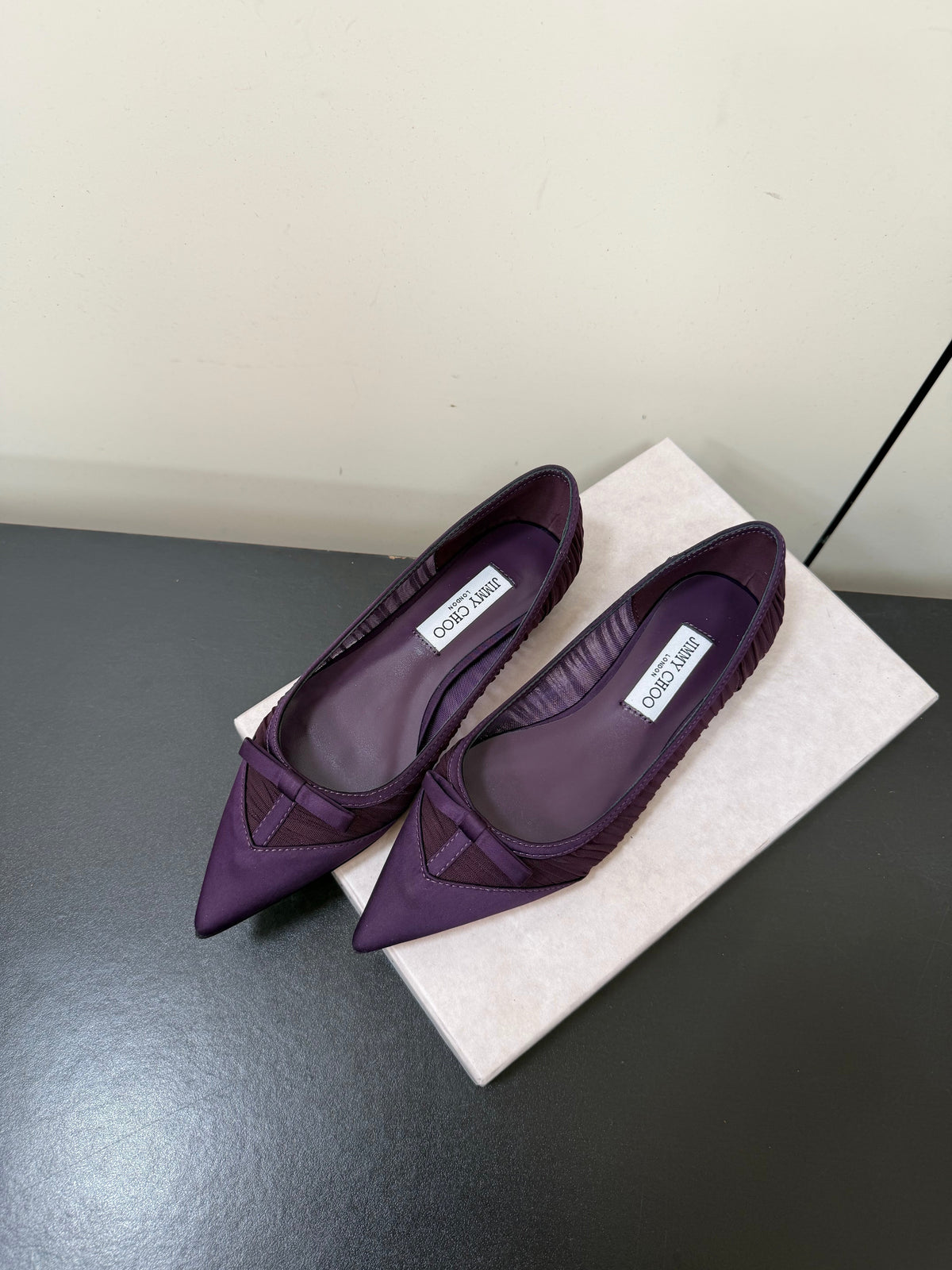 Jimmy Choo 26S Pointed-Toe Flats Dark Purple Satin 849312