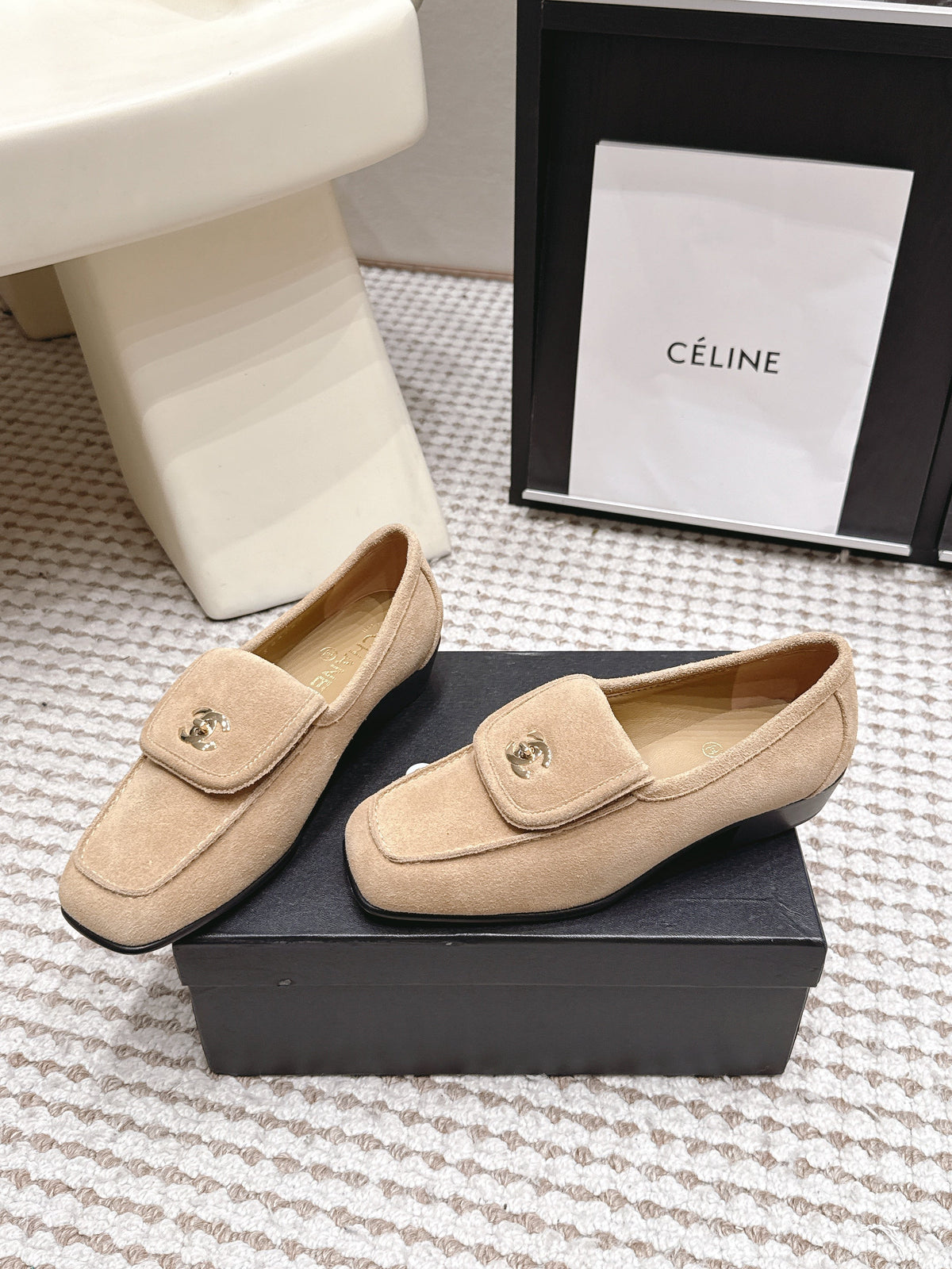 CC 26S Loafers in Beige Suede with Gold-Tone CC Logo