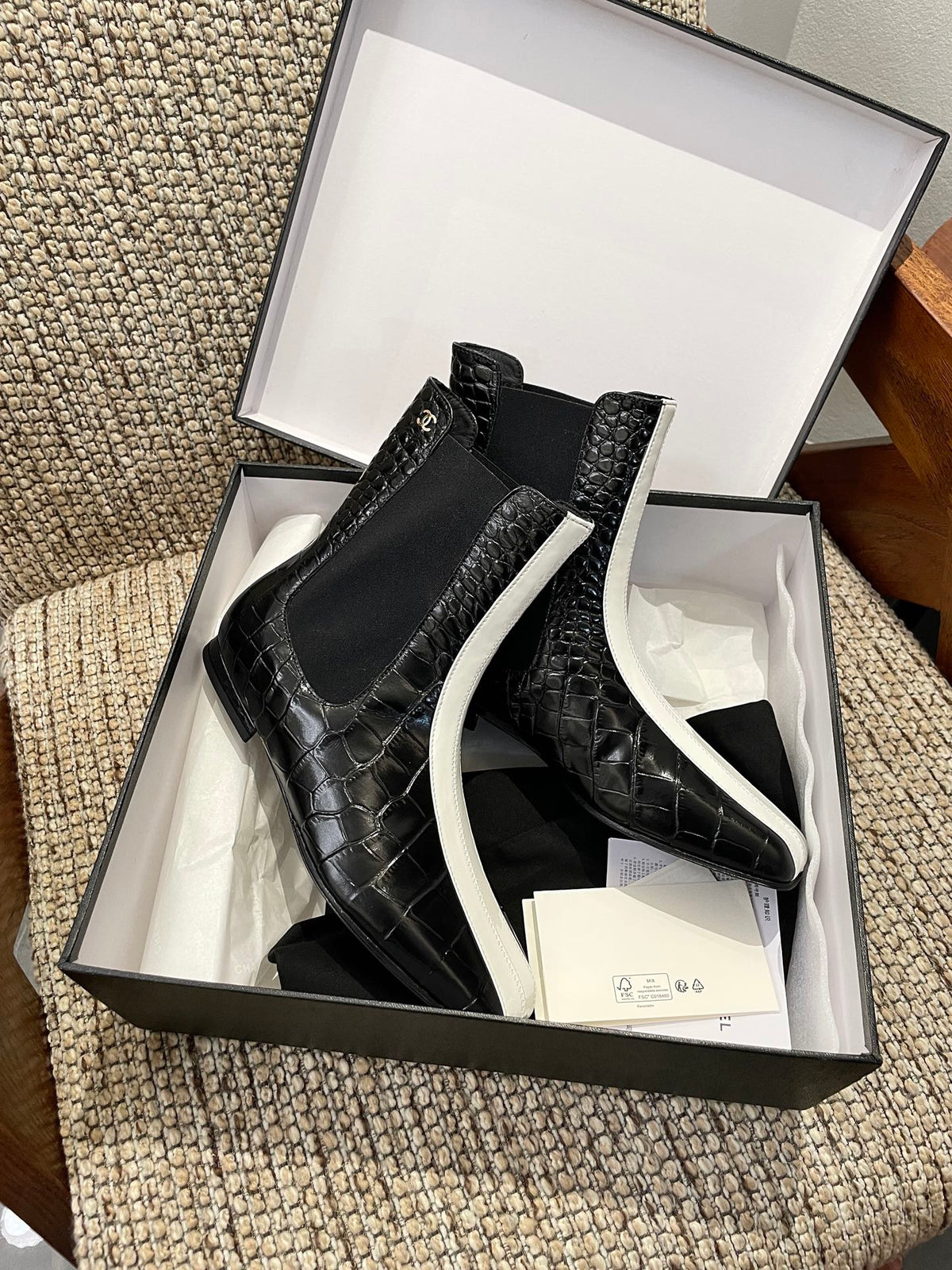 Chanel 26s Ankle Boots Black Crocodile Embossed Calfskin White Trim
