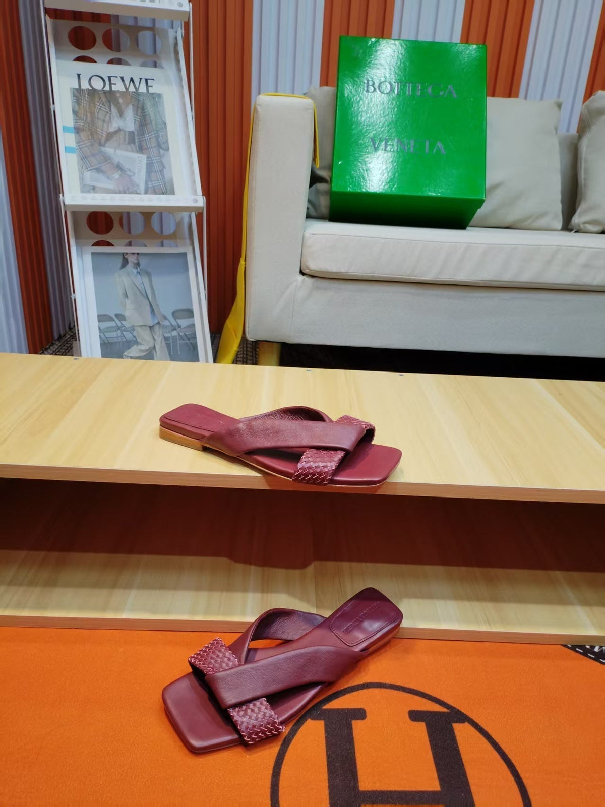 BV Riva Sandals Flat Woven Burgundy Leather 139884
