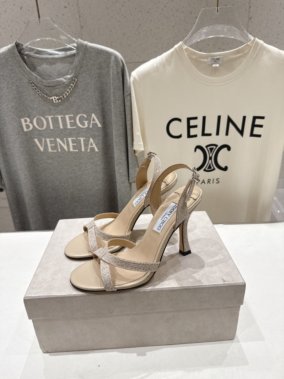Jimmy Choo 26S High-Heeled Sandals 10.0cm Light Beige Glitter Fabric 618439