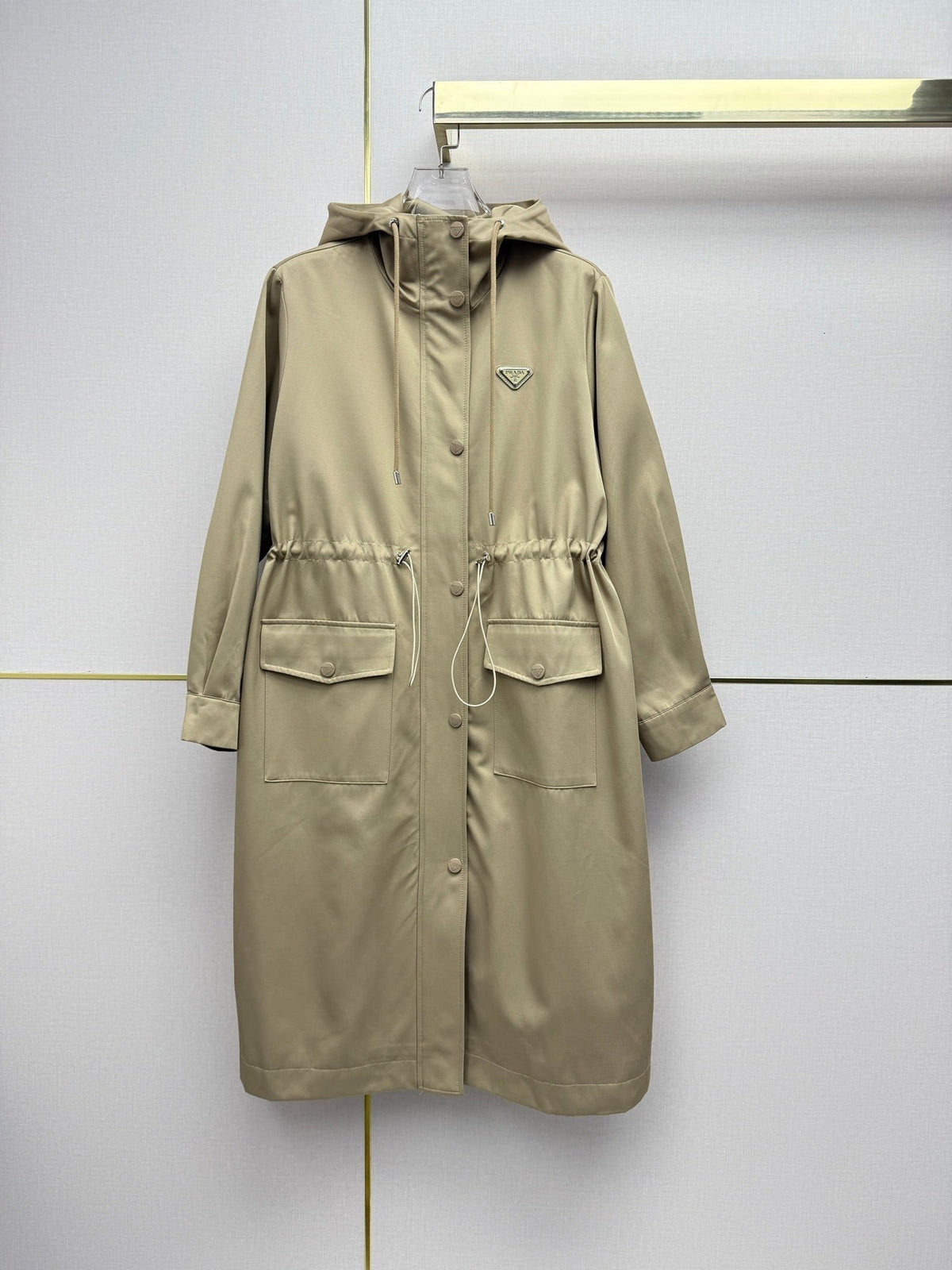 Prad 26SS Hooded Long Trench Coat Triangle Logo Drawstring Waist Cotton 437675