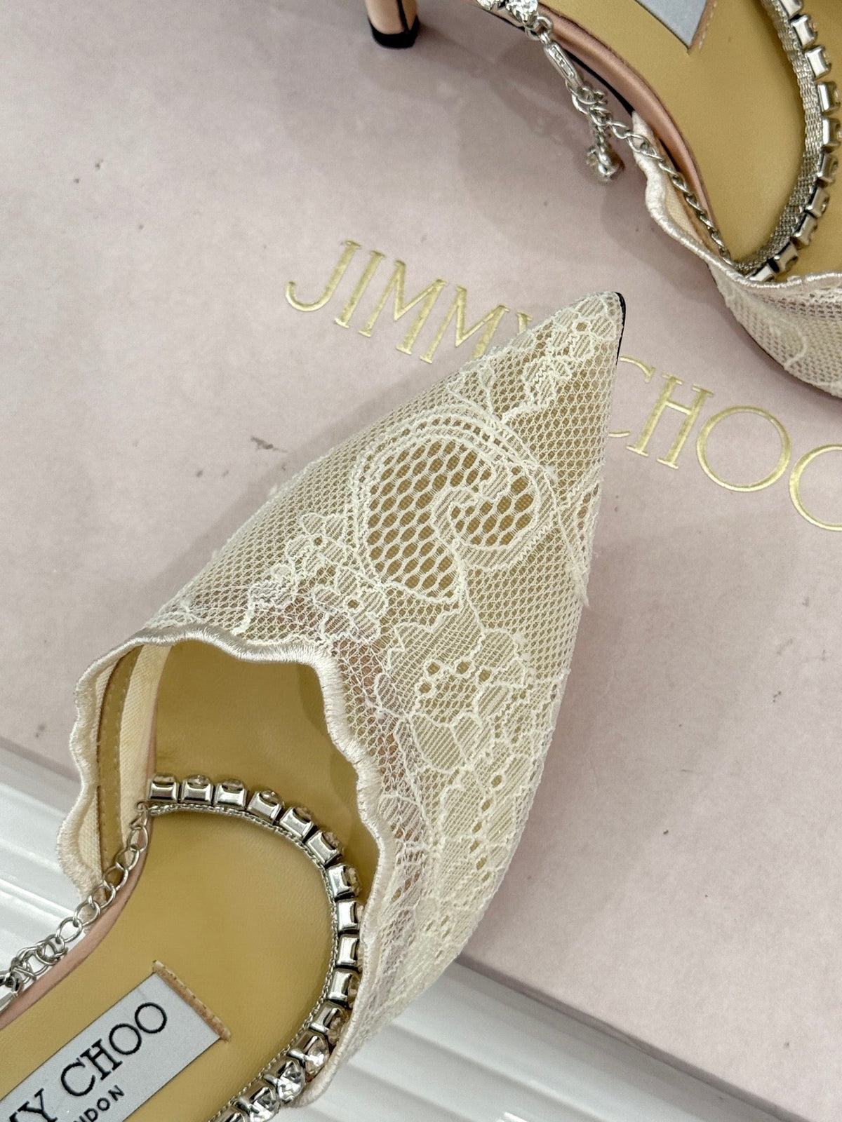 Jimmy Choo 26S Embellished High-Heeled Sandals 8.5cm Cream White Lace 639148