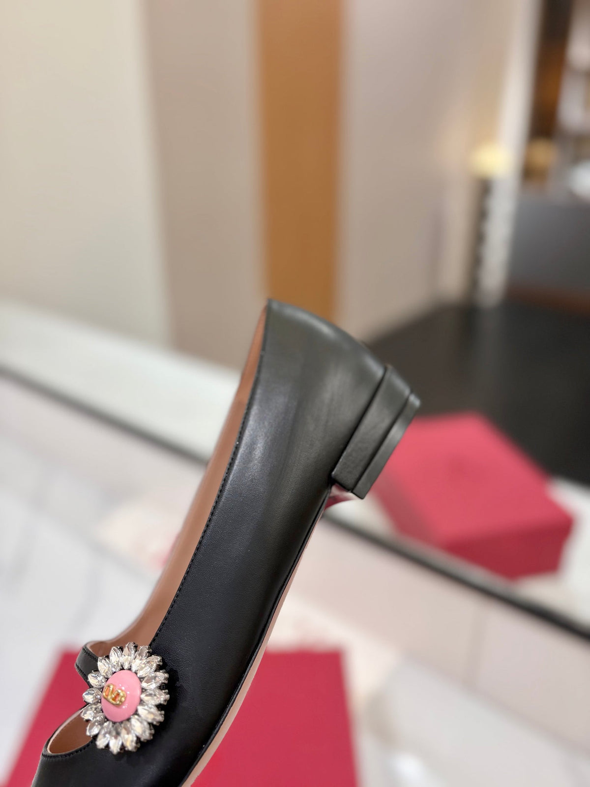 VLTN 26s Mary Jane Flats In Black Calfskin With Crystal Flower