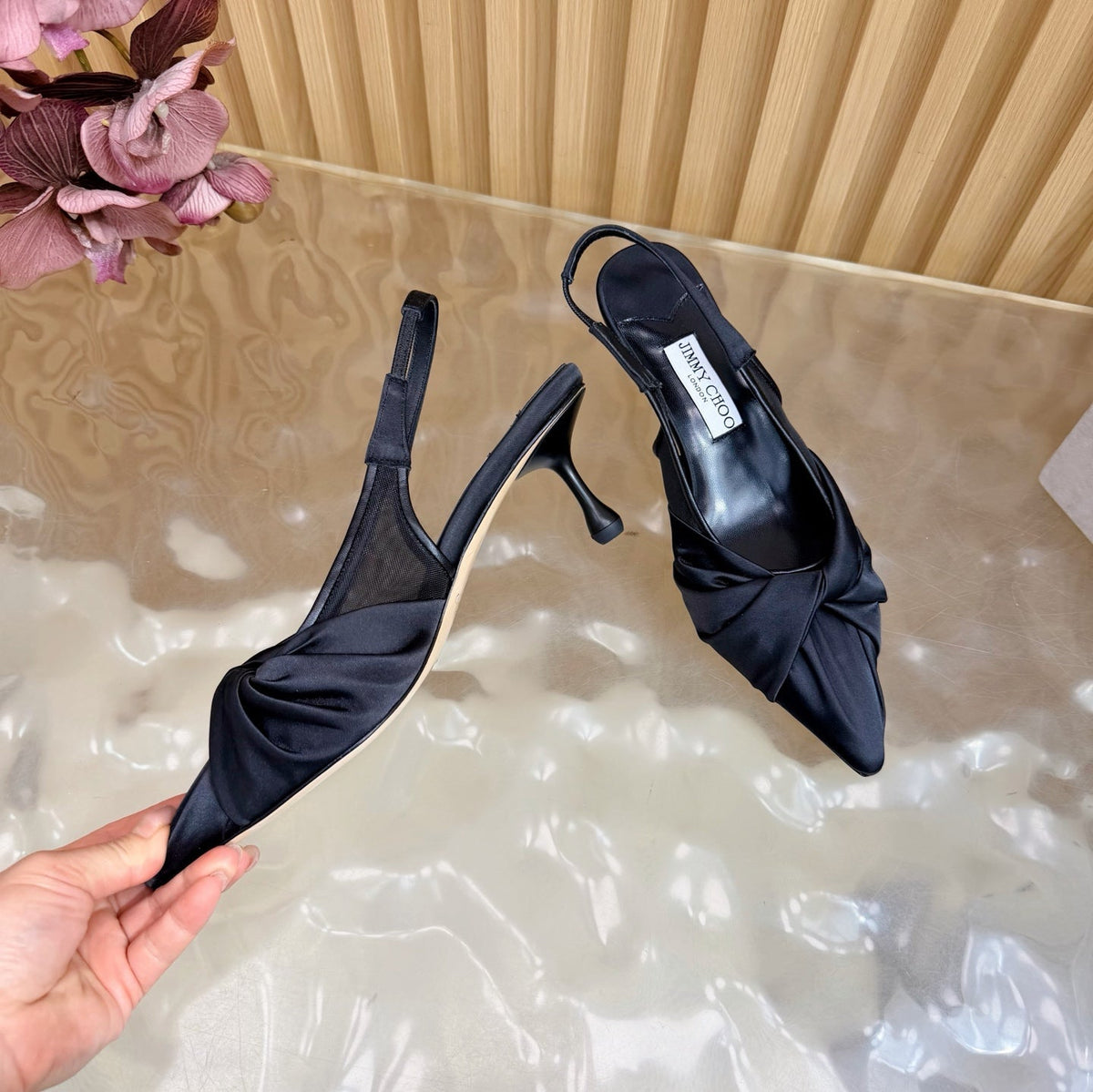 Jimmy Choo 26S Slingback Heels 6.0cm Black Satin With Knot Detail 529148