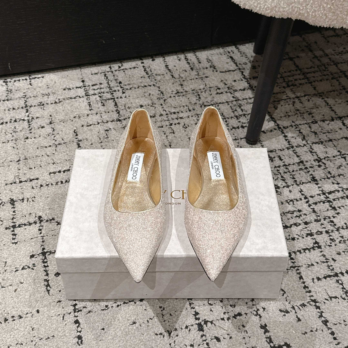 Jimmy Choo 26S Pointed Flats Champagne Gold Glitter 481539
