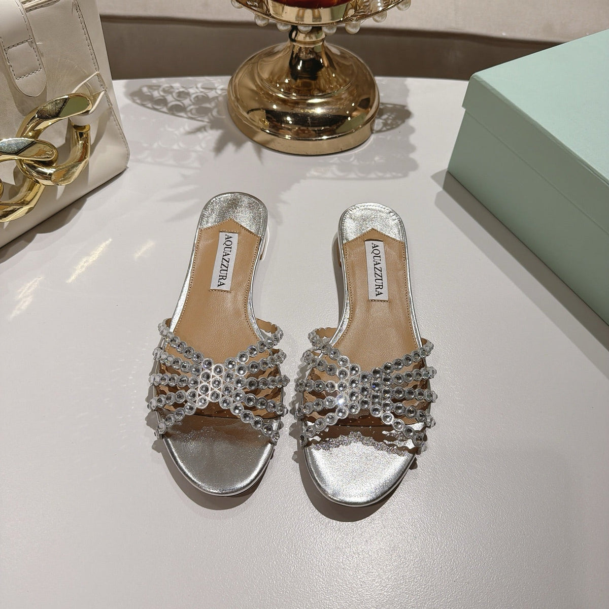 Aquazzura 26s Slides Silver Lambskin Crystal Embellished 820493
