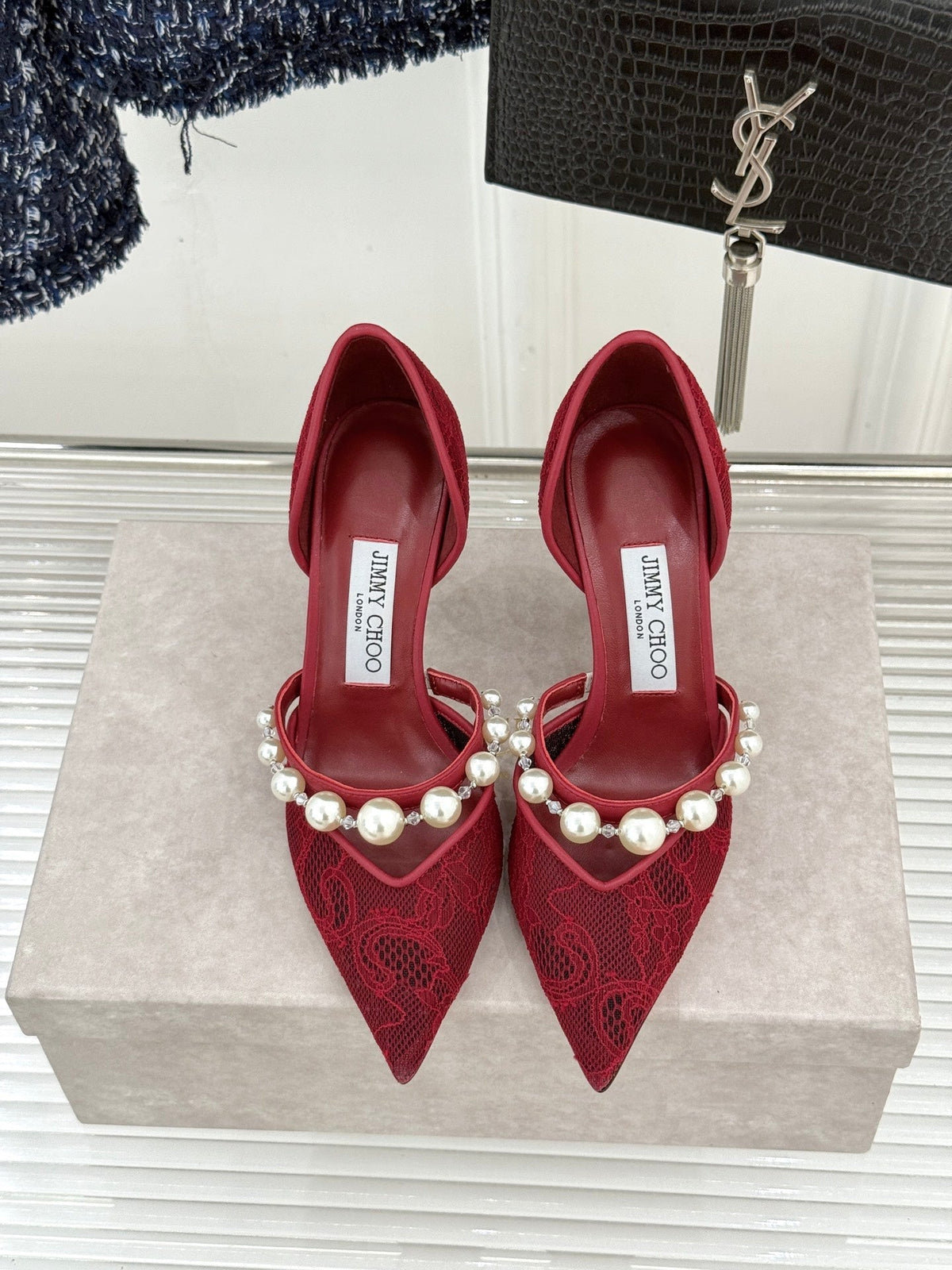 Jimmy Choo 26S High Heels 8.5cm Dark Red Lace Pearl-Embellished 629147